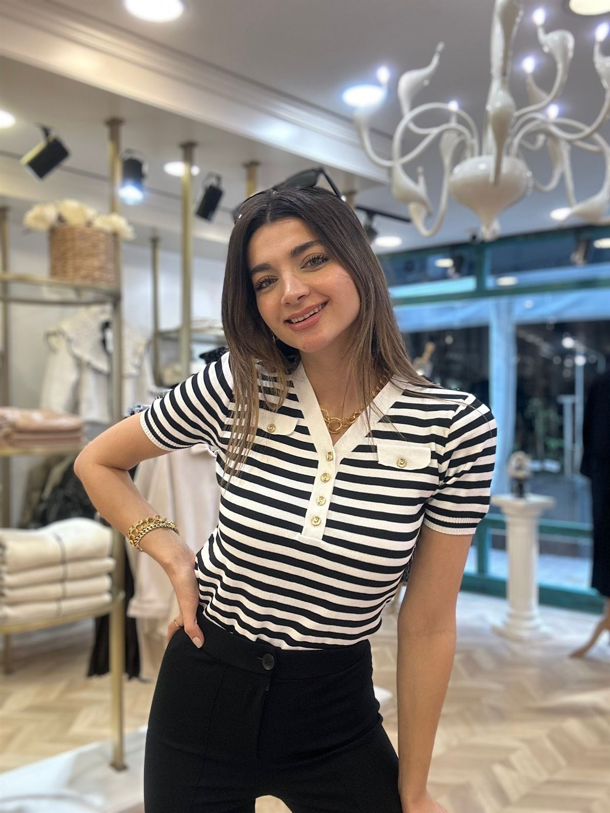 Beyaz Siyah Çizgili Alice Triko