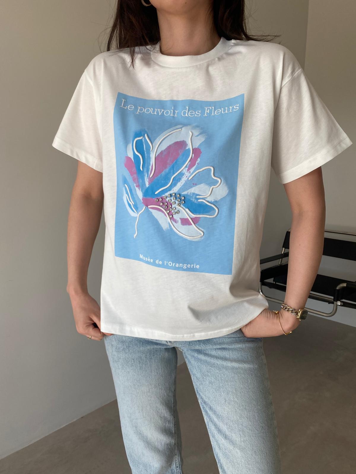 Beyaz Taşlı Mavi Lotus Çiçekli Tİşört