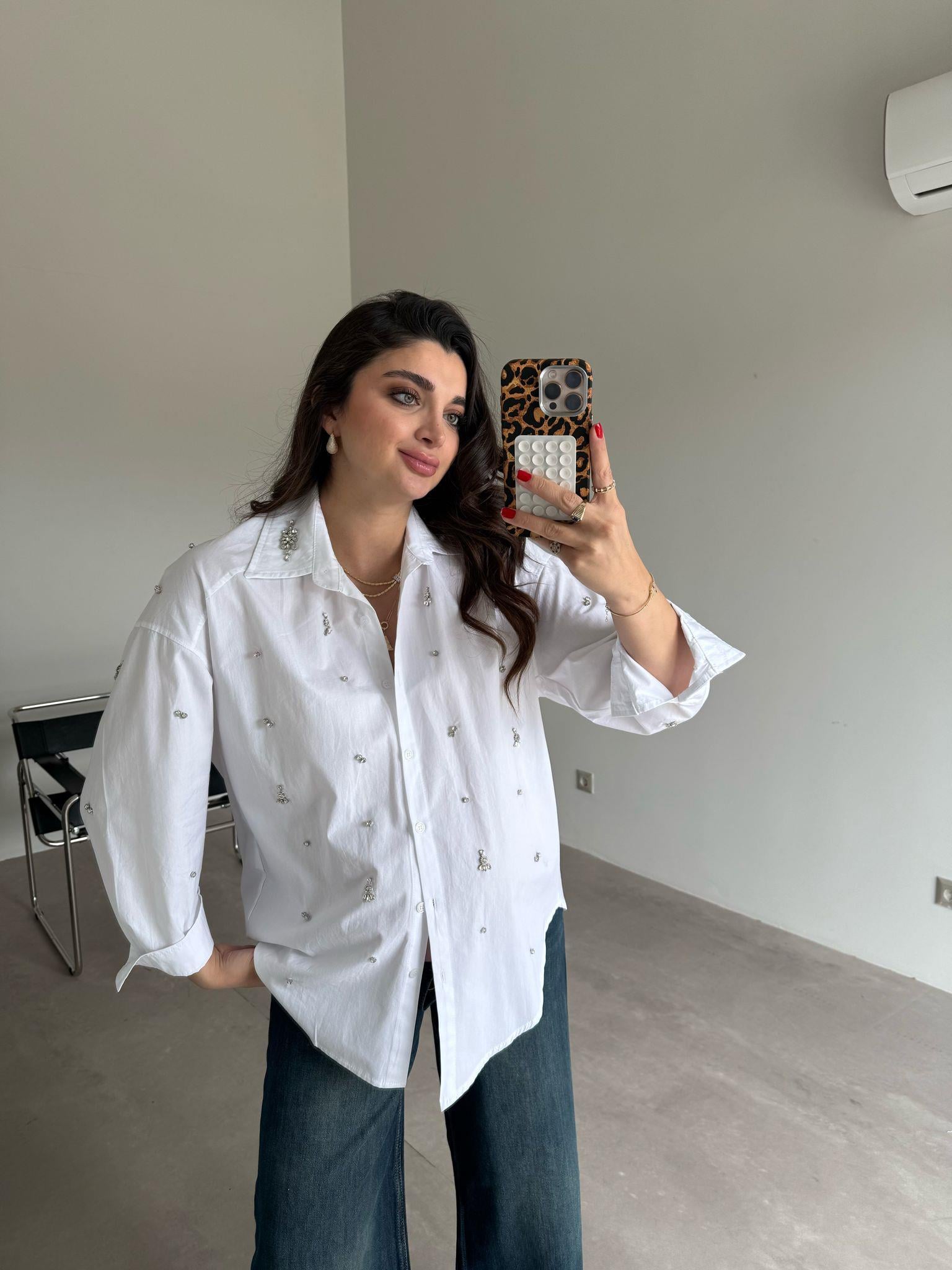 Beyaz Taşlı Shine Gömlek