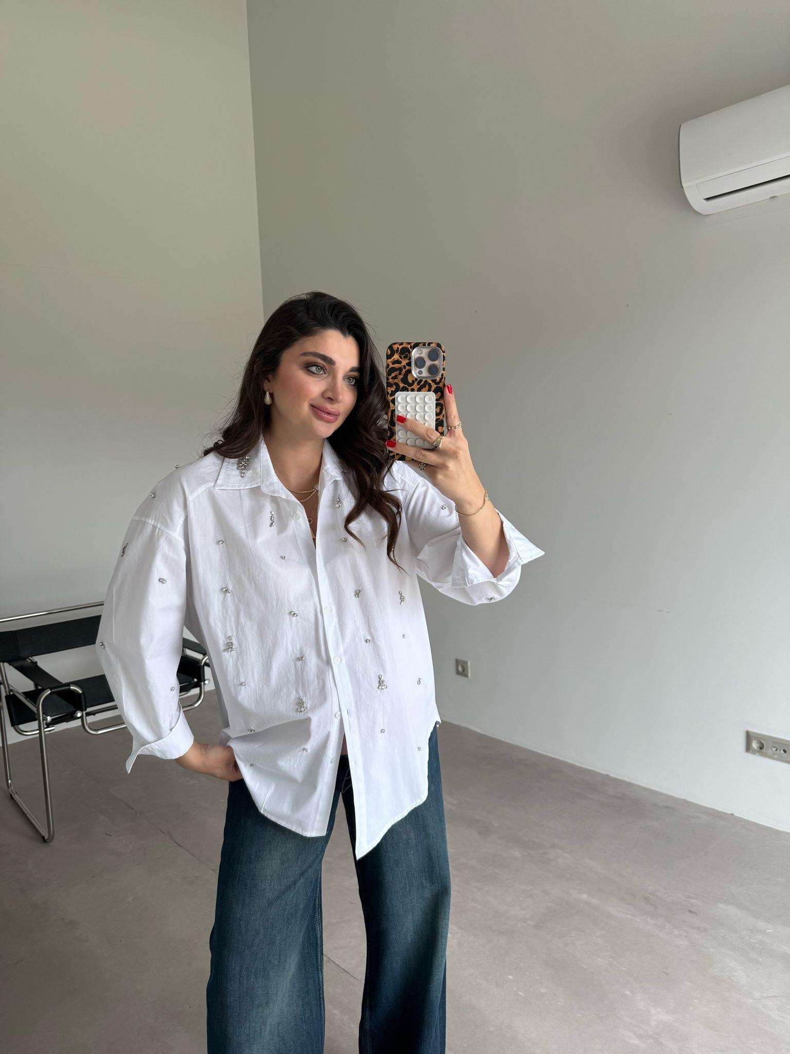 Beyaz Taşlı Shine Gömlek