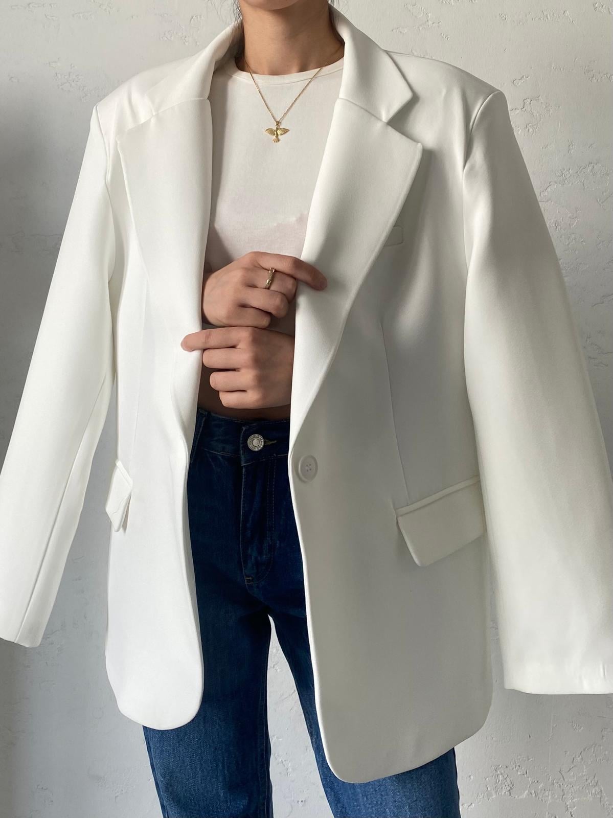 Beyaz Tek Düğmeli Oversize Blazer Ceket