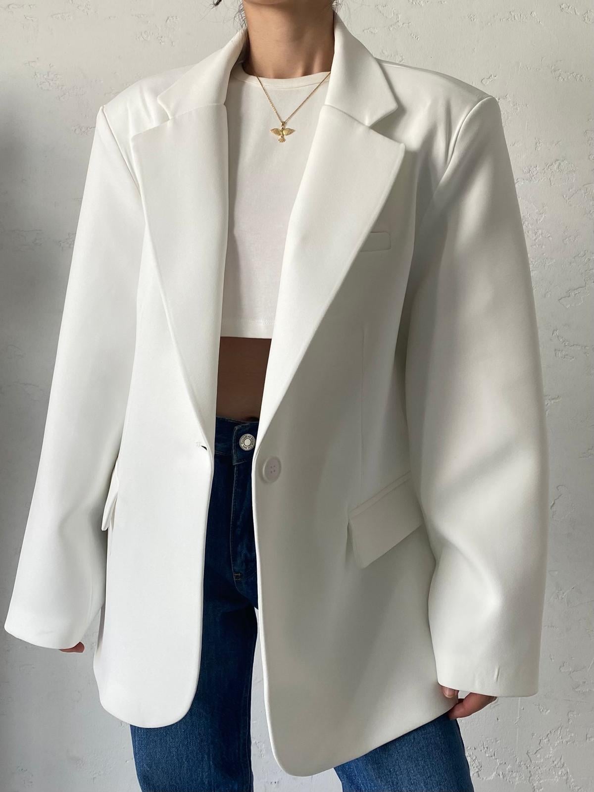Beyaz Tek Düğmeli Oversize Blazer Ceket