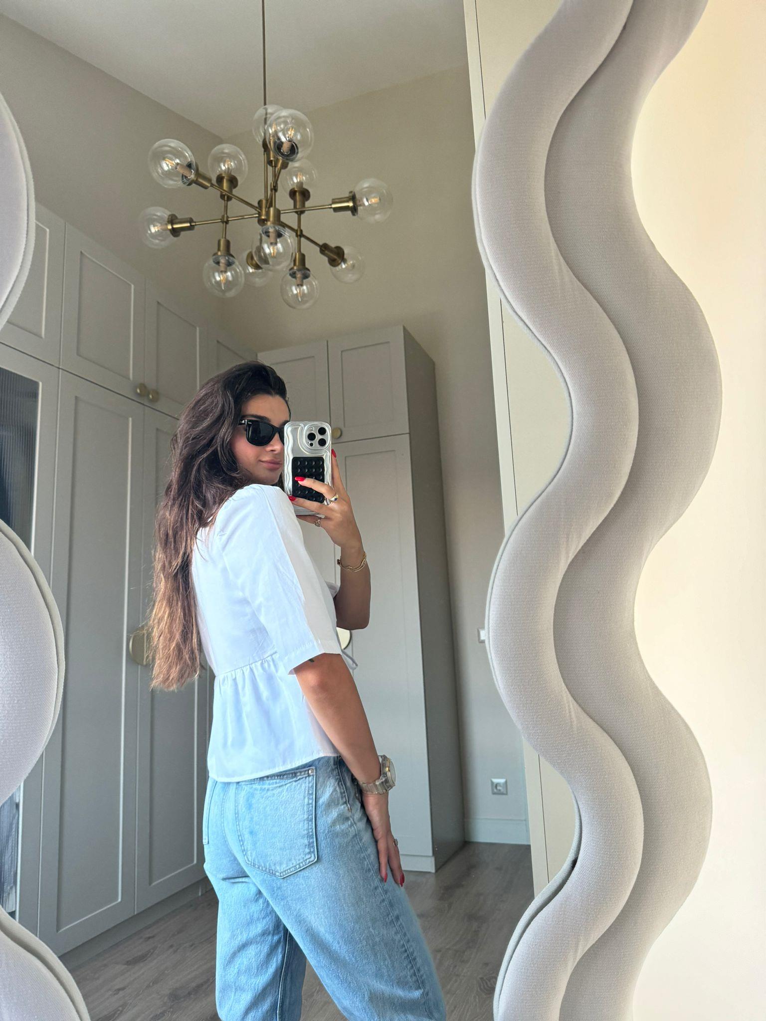 Beyaz Yakasız Bağlamalı Kısa Kol Gömlek