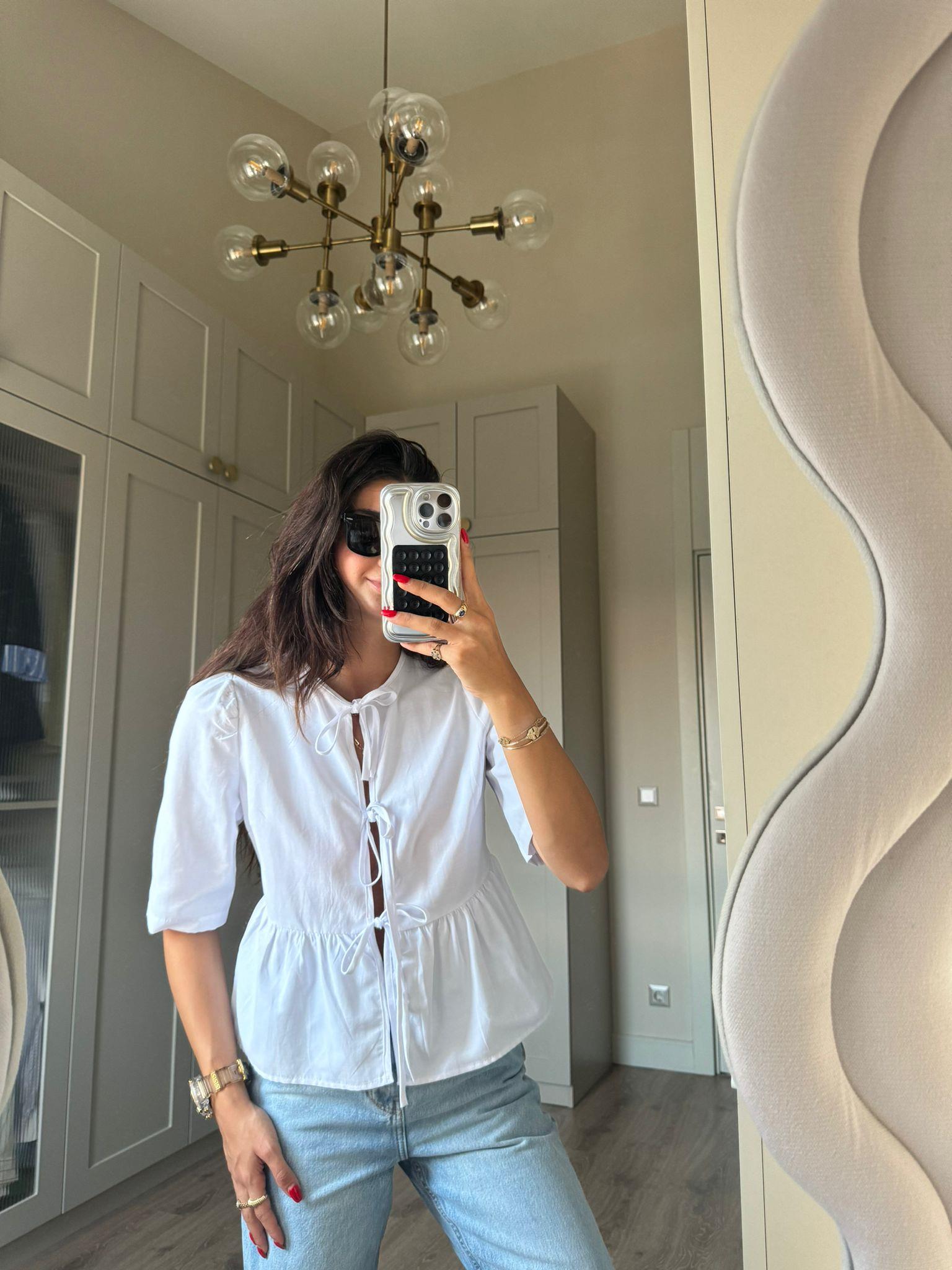 Beyaz Yakasız Bağlamalı Kısa Kol Gömlek