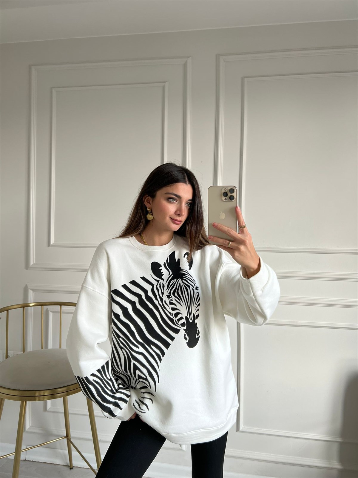 Beyaz Zebra Baskılı Sweat