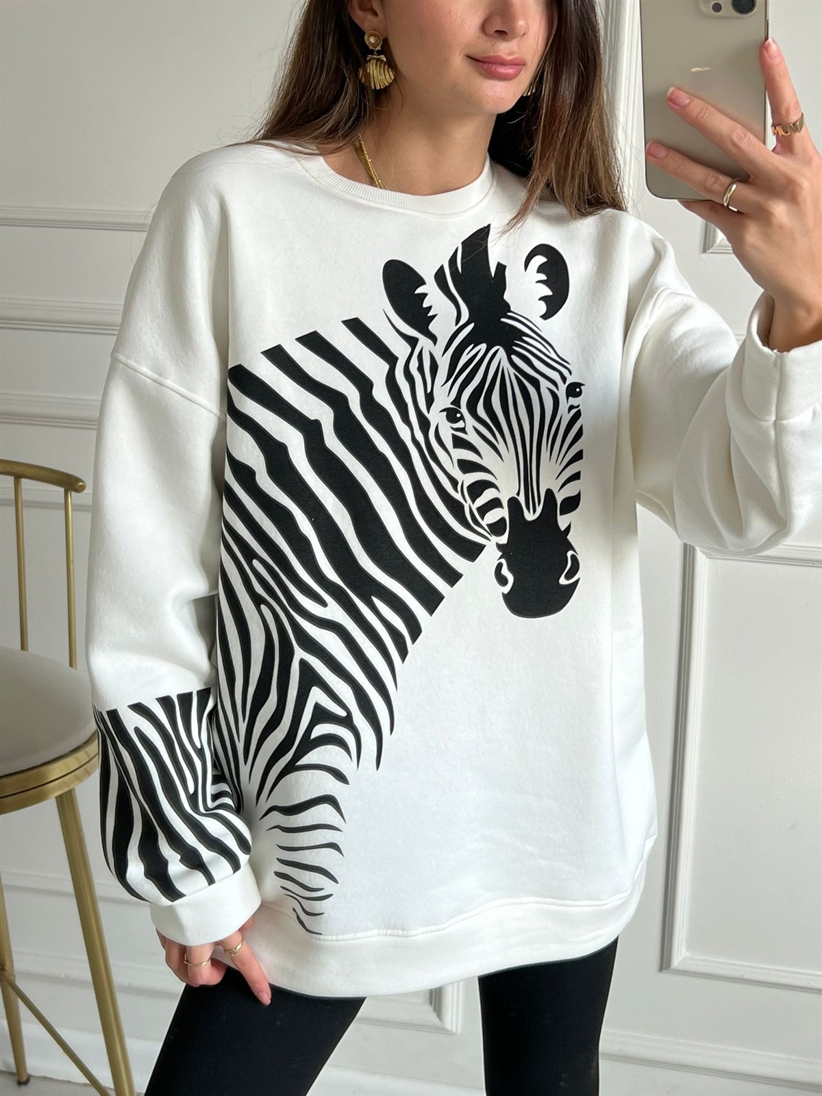 Beyaz Zebra Baskılı Sweat