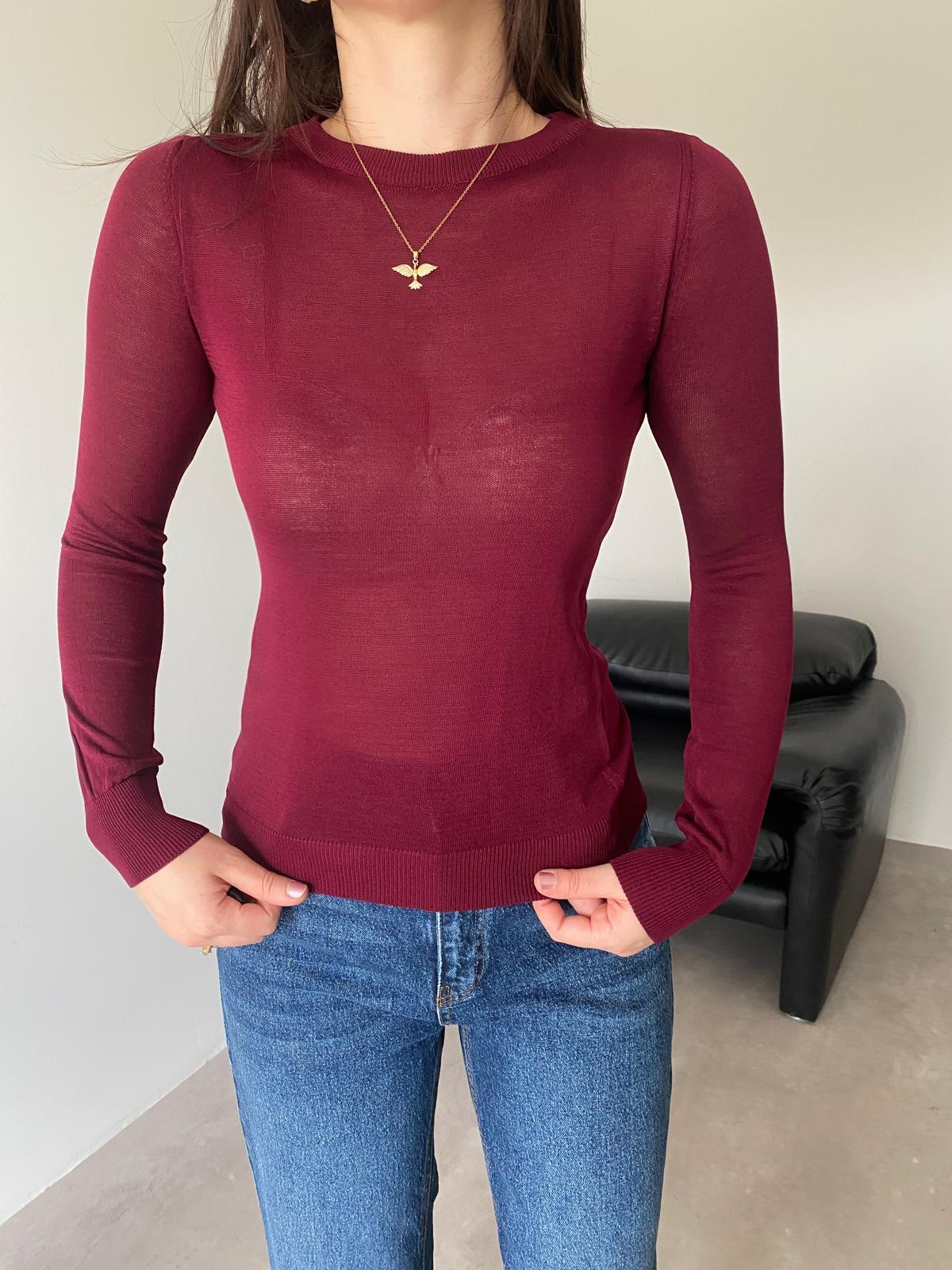 Bordo Bisiklet Yaka Transparan Bluz