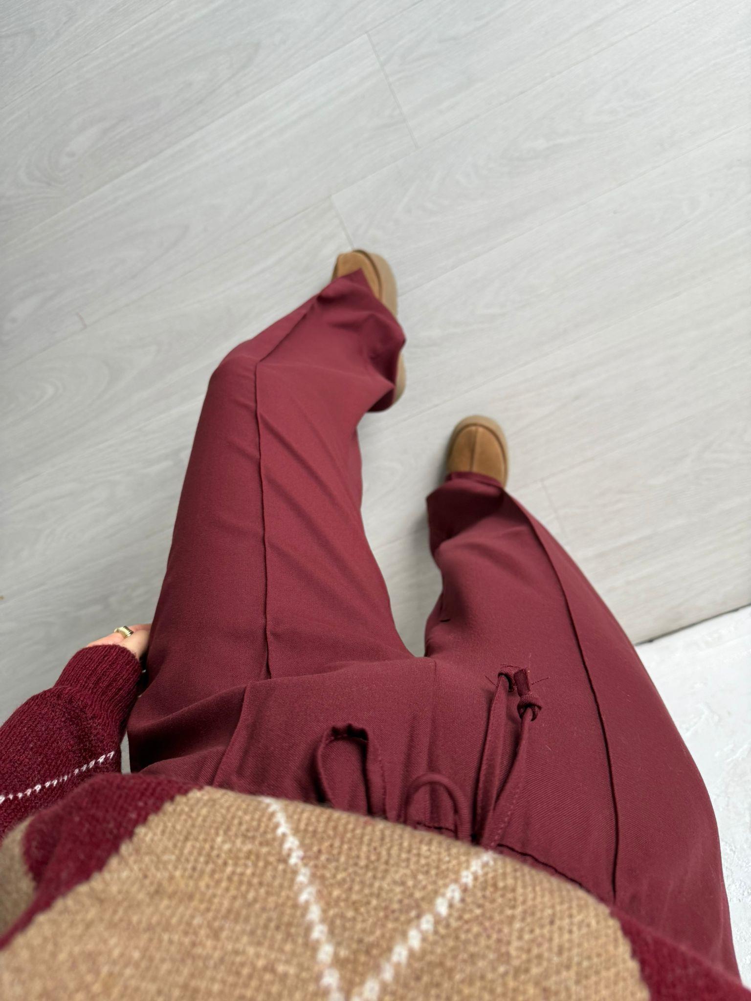 Bordo Biye Detaylı Beli Lastikli Pantolon