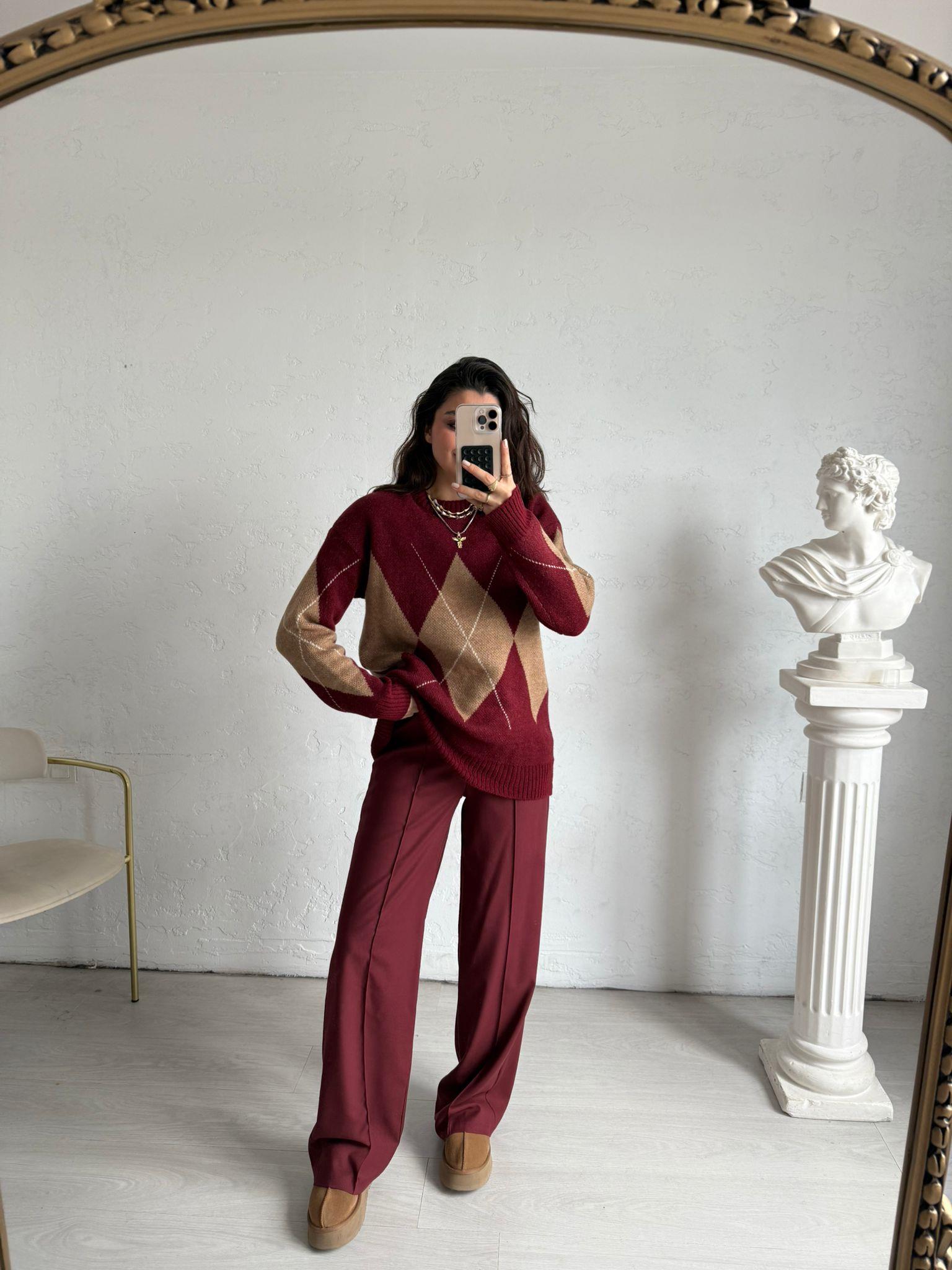 Bordo Biye Detaylı Beli Lastikli Pantolon