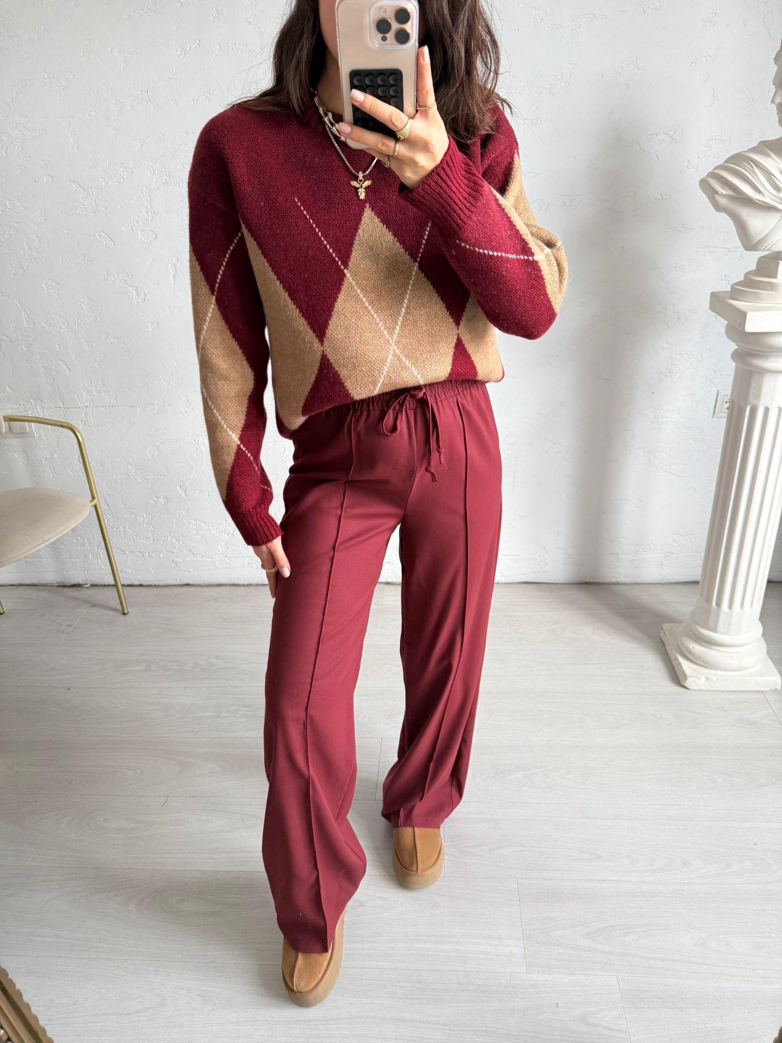 Bordo Biye Detaylı Beli Lastikli Pantolon