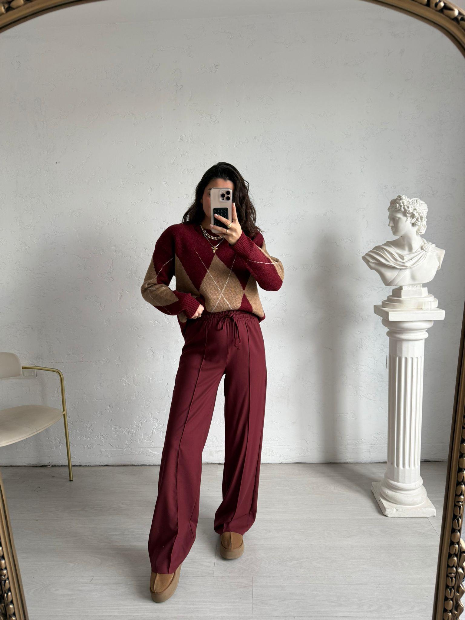 Bordo Biye Detaylı Beli Lastikli Pantolon