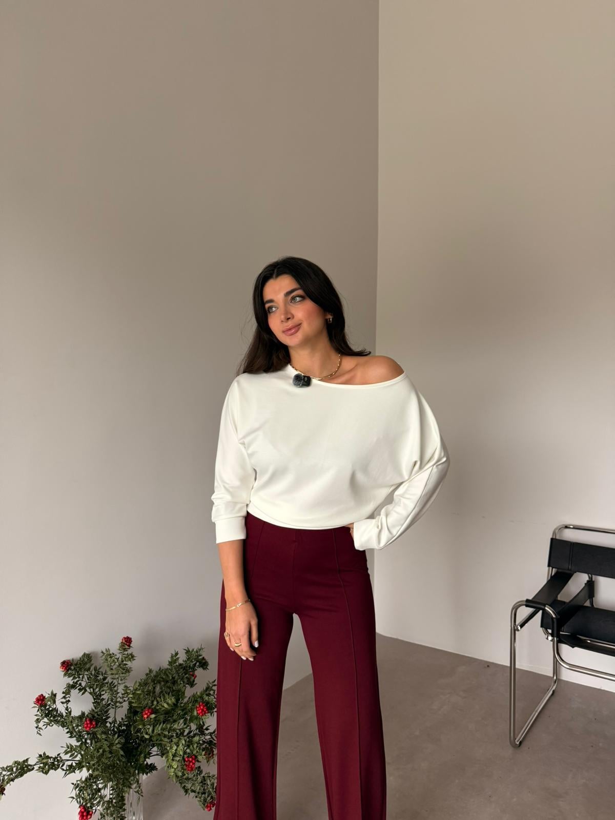 Bordo Biye Detaylı Likralı Pantolon