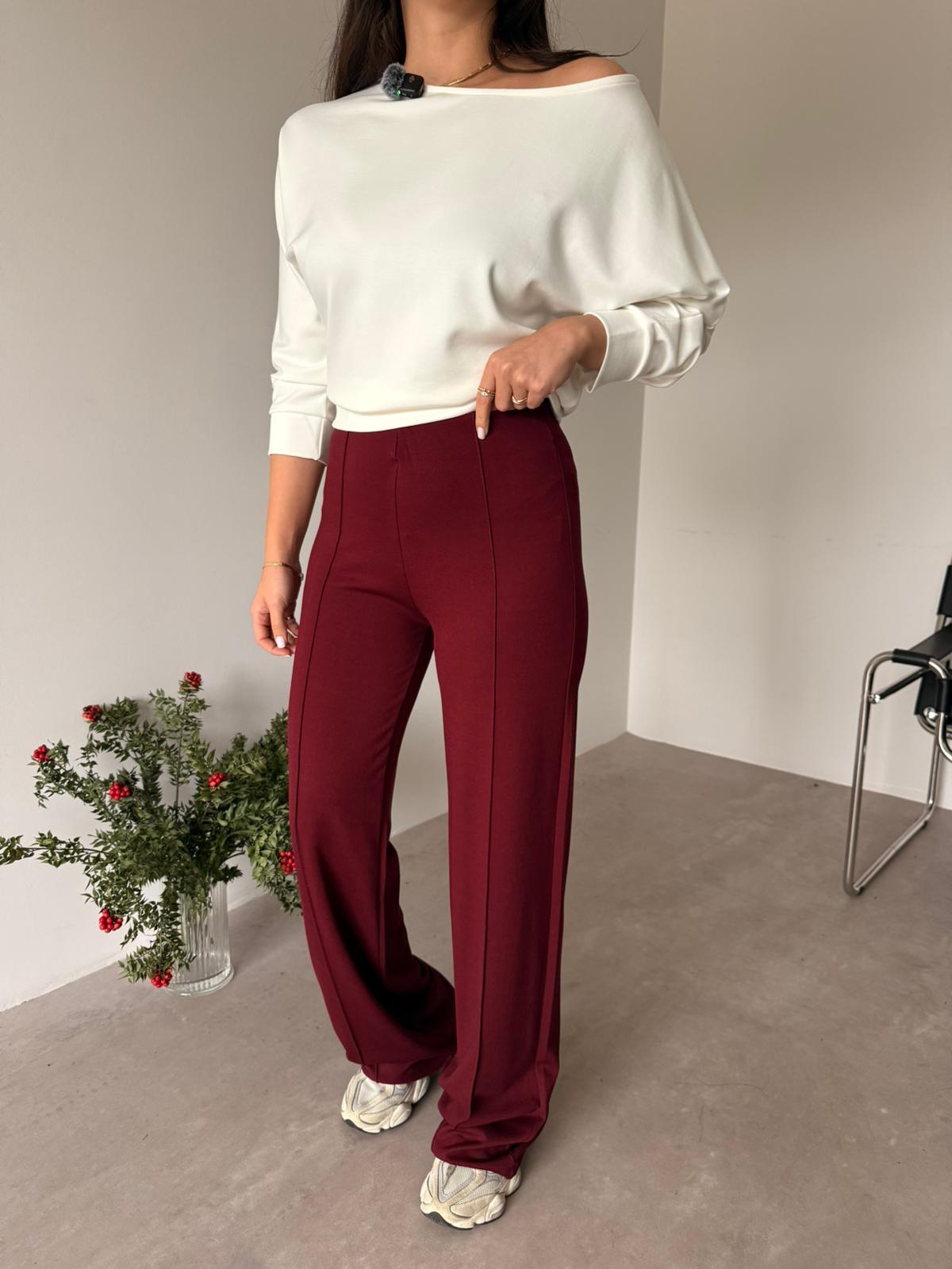 Bordo Biye Detaylı Likralı Pantolon