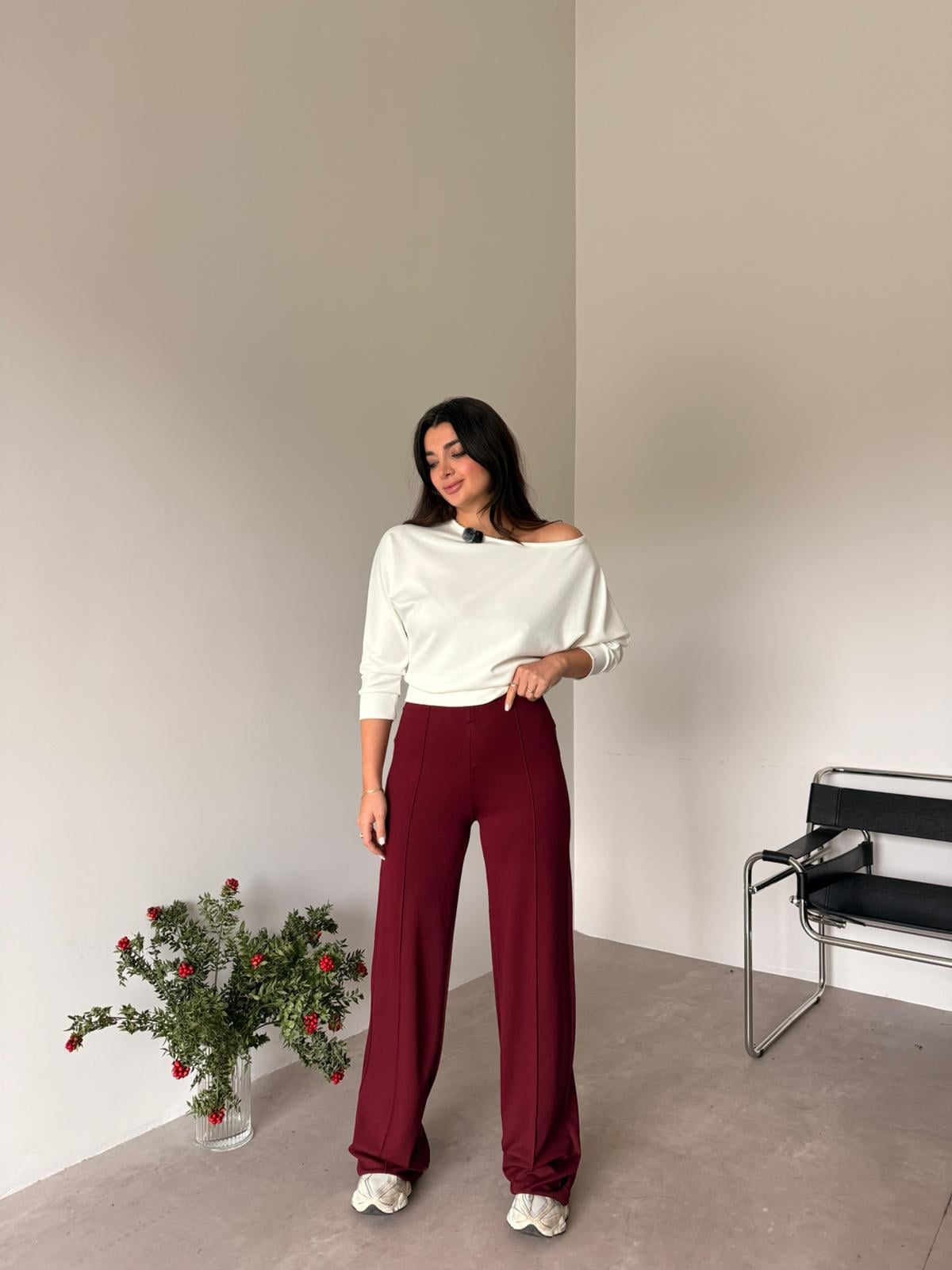 Bordo Biye Detaylı Likralı Pantolon