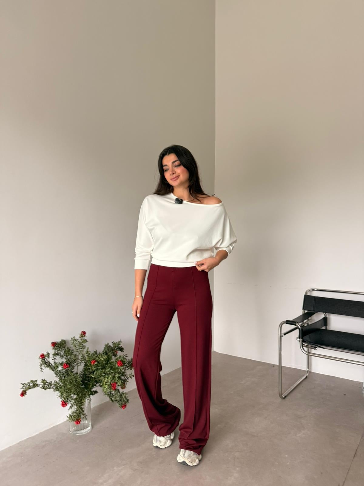 Bordo Biye Detaylı Likralı Pantolon
