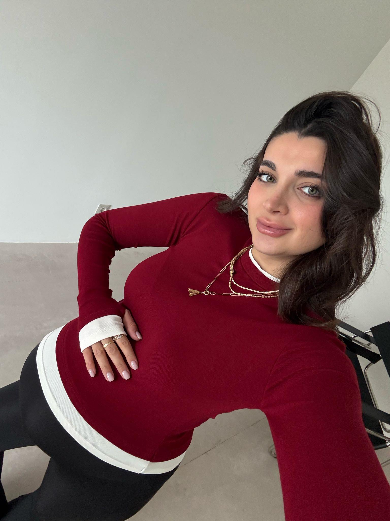 Bordo Çift Yaka Aura Bluz