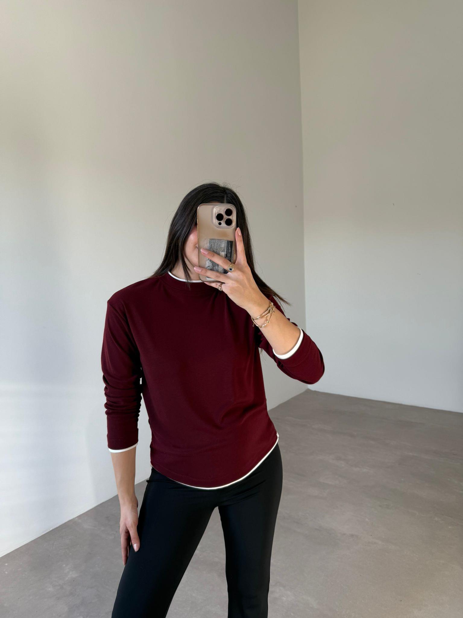 Bordo Çift Yakalı Basic Bluz