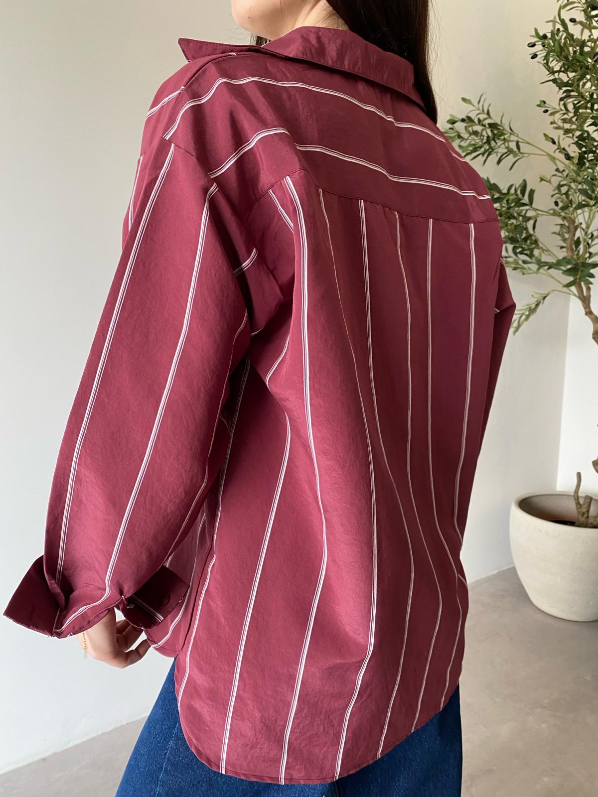 Bordo Çizgili Oversize Gömlek
