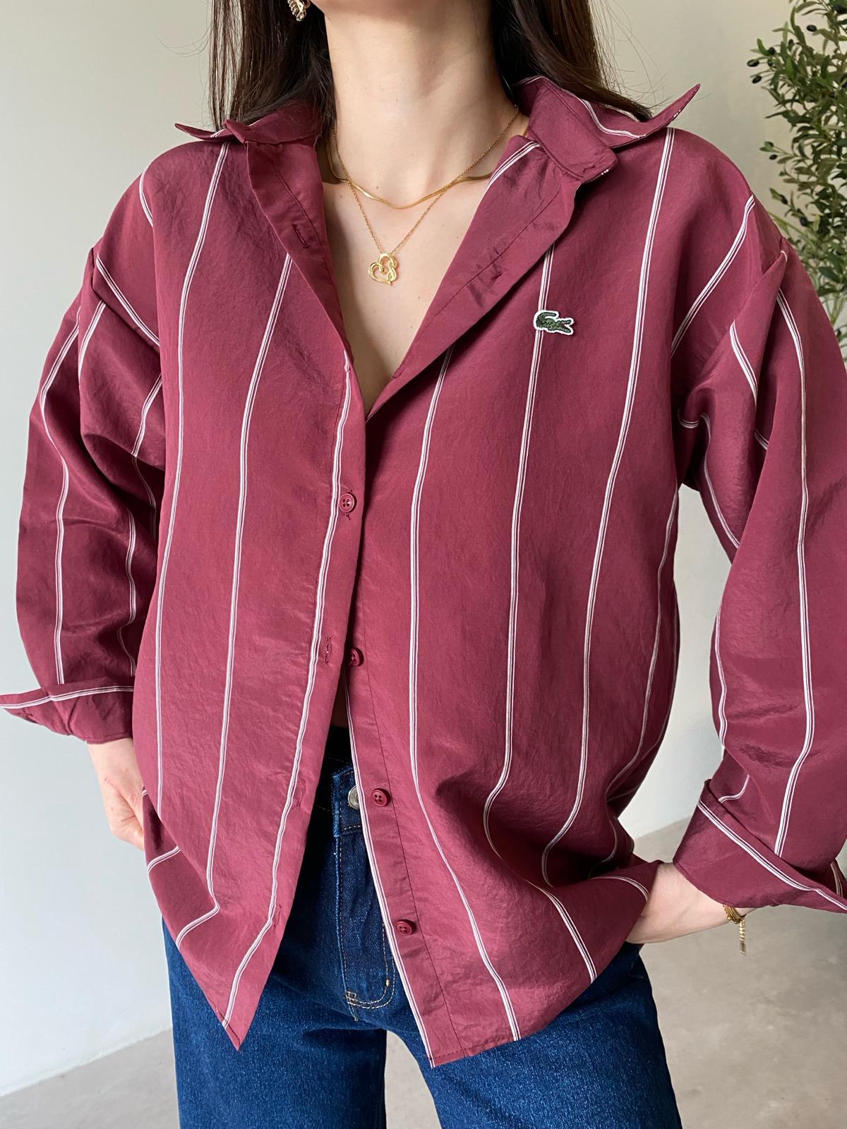 Bordo Çizgili Oversize Gömlek
