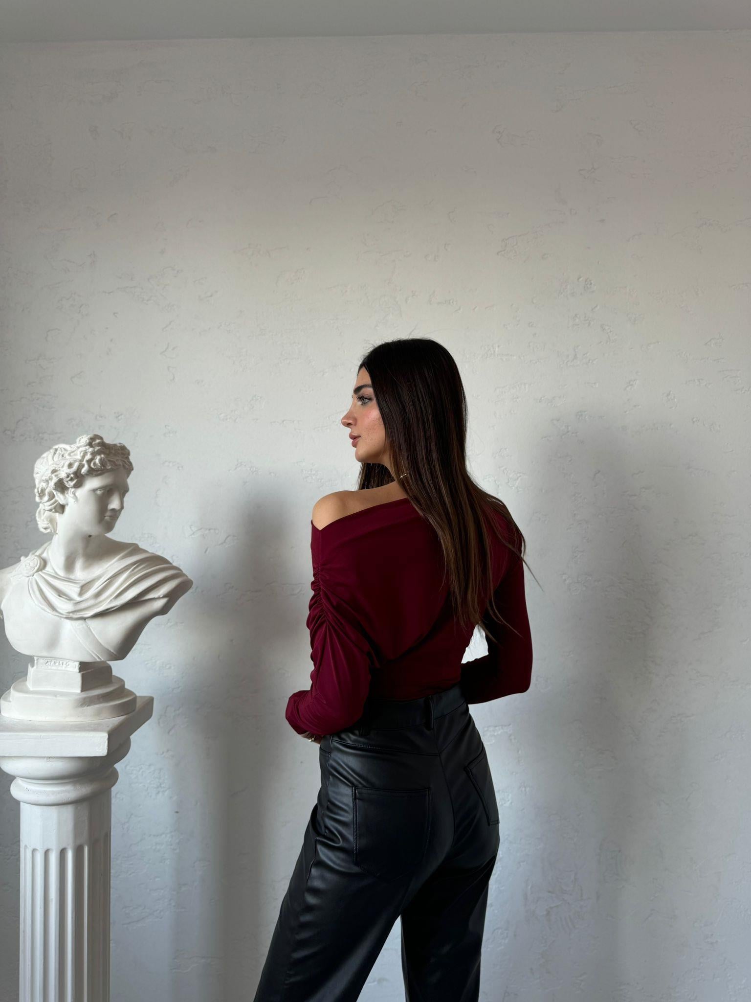 Bordo Düşük Omuz Yarasa Kol Bluz