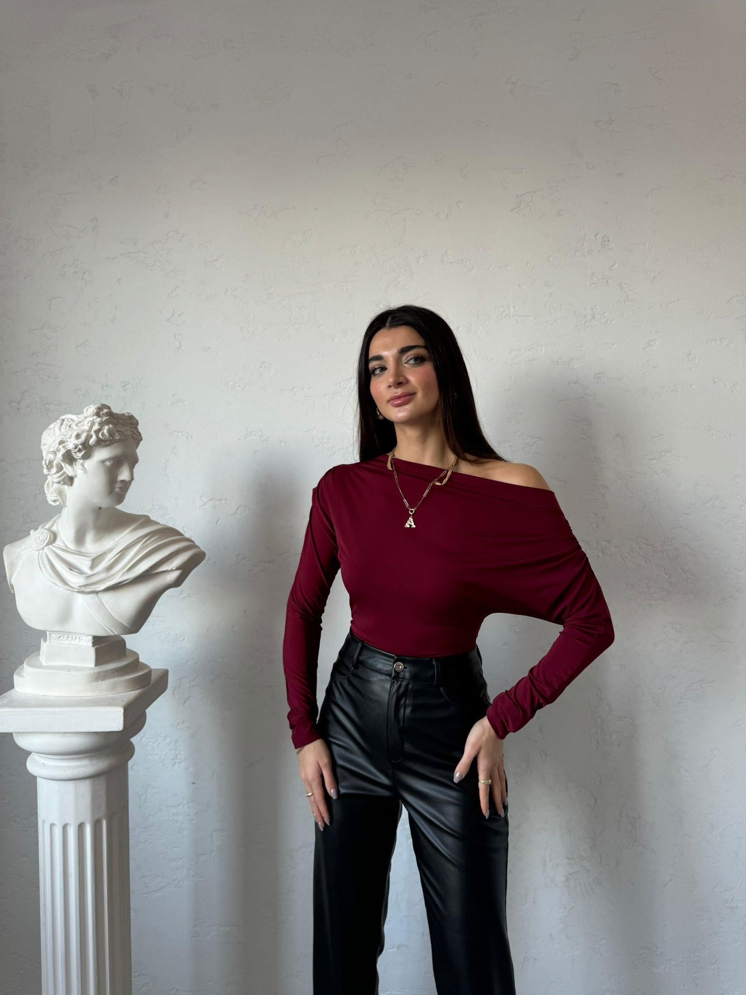 Bordo Düşük Omuz Yarasa Kol Bluz