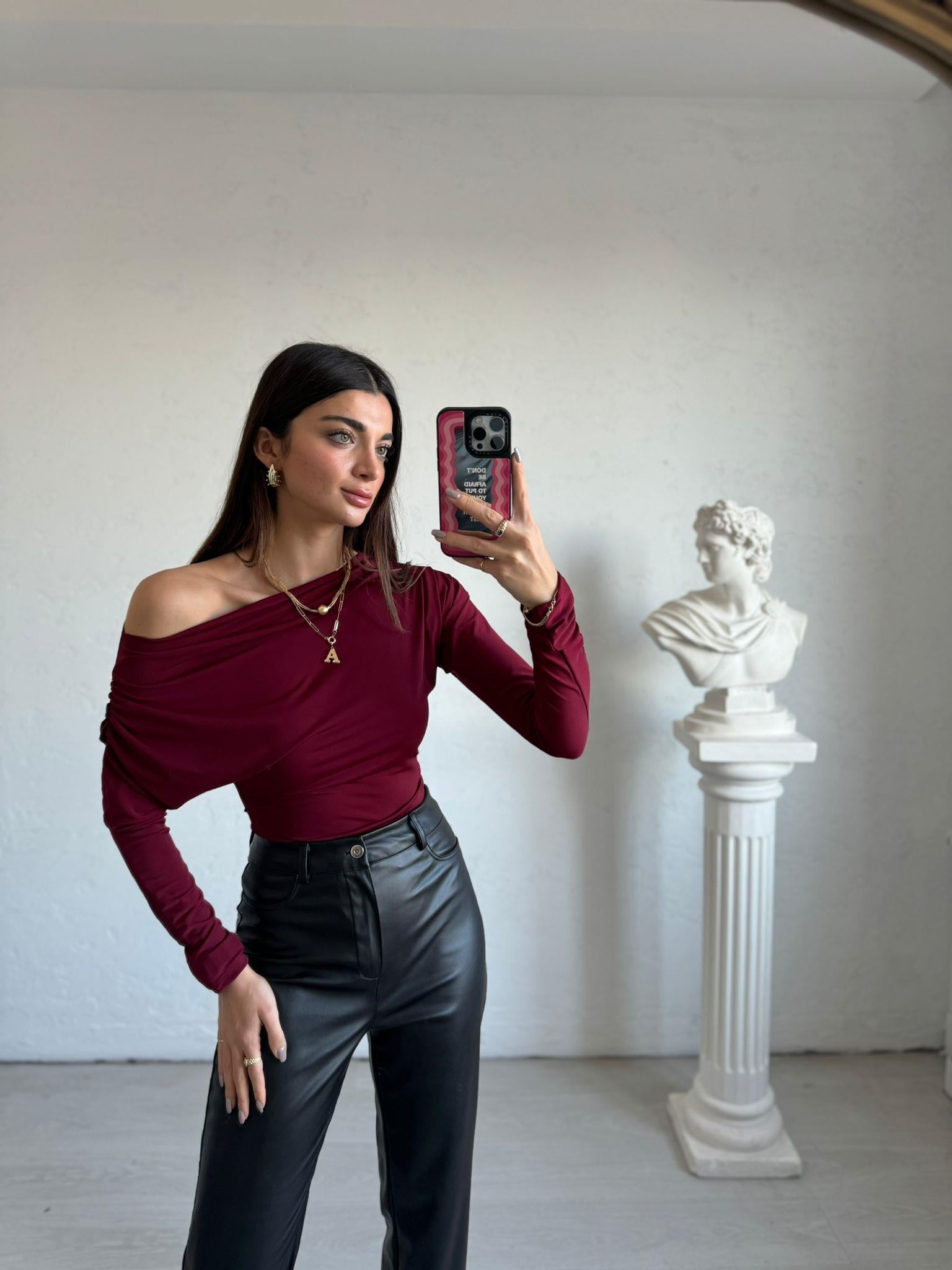 Bordo Düşük Omuz Yarasa Kol Bluz