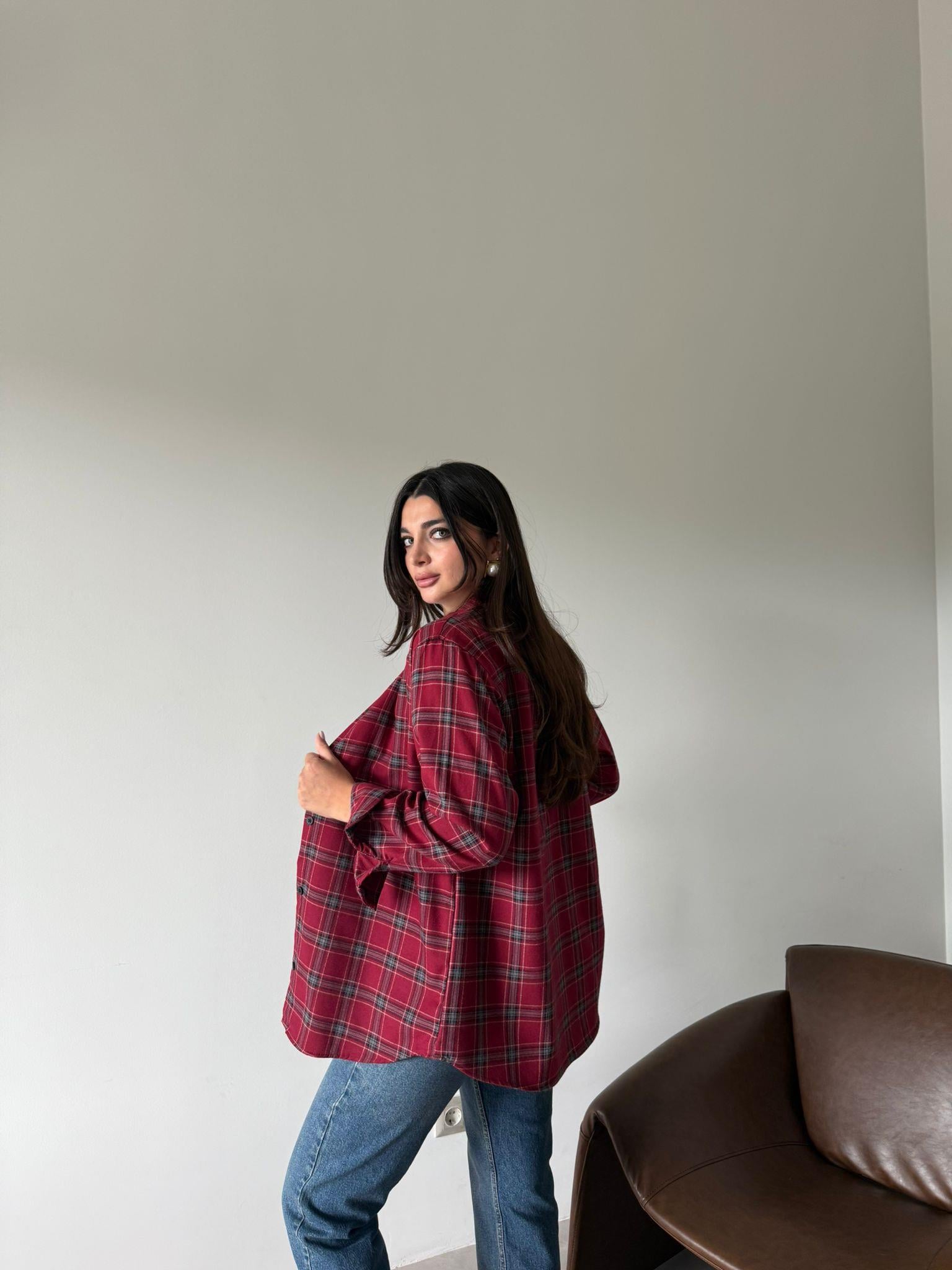 Bordo Ekoseli Oversize Gömlek