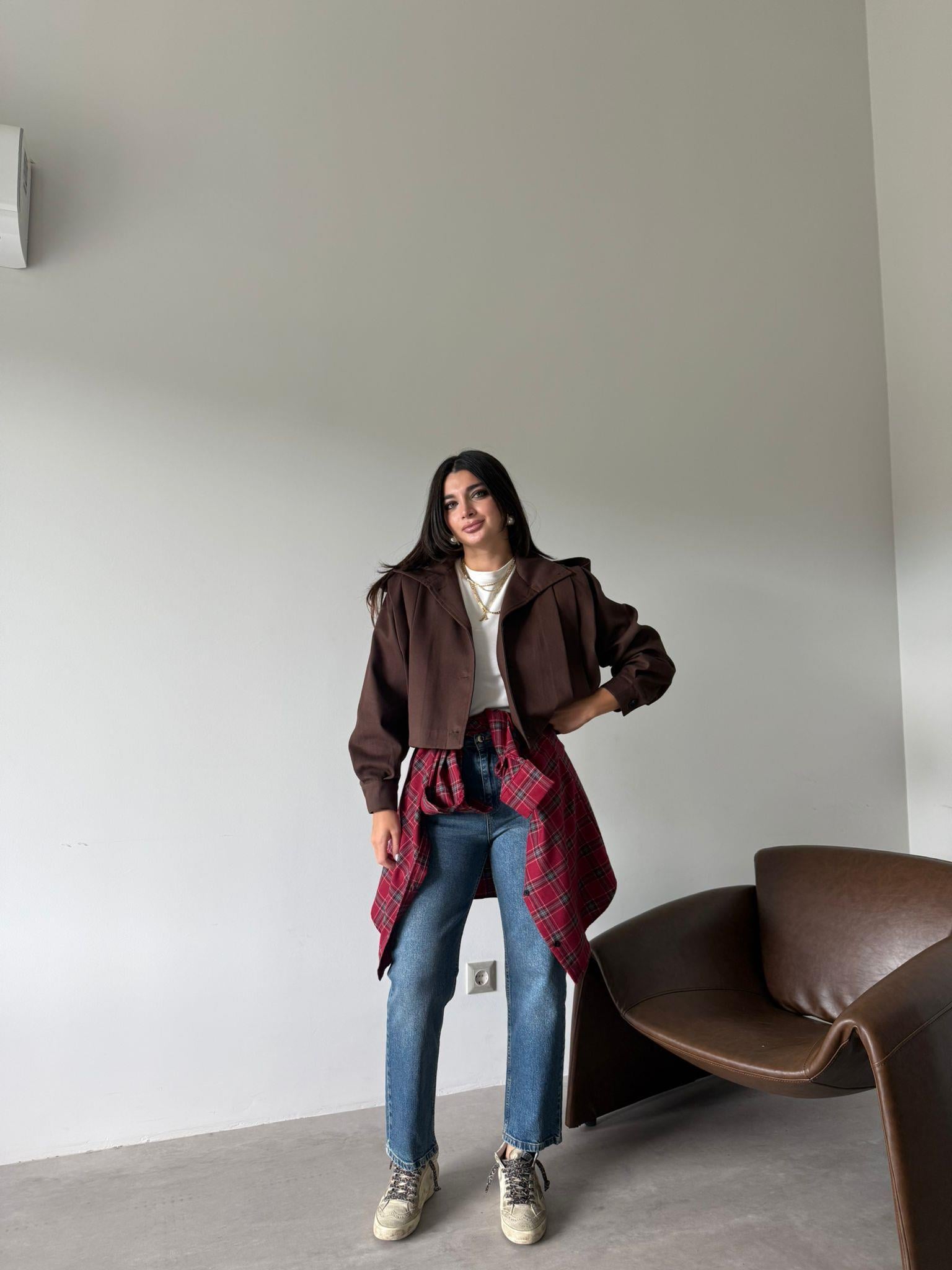 Bordo Ekoseli Oversize Gömlek