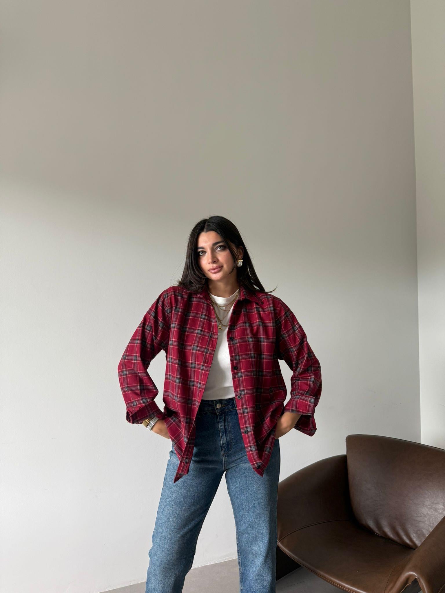 Bordo Ekoseli Oversize Gömlek