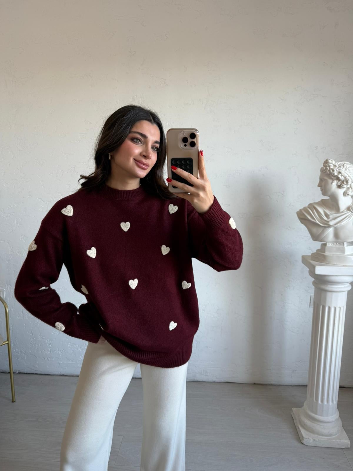 Bordo Ekru Kalp Nakışlı Triko Kazak
