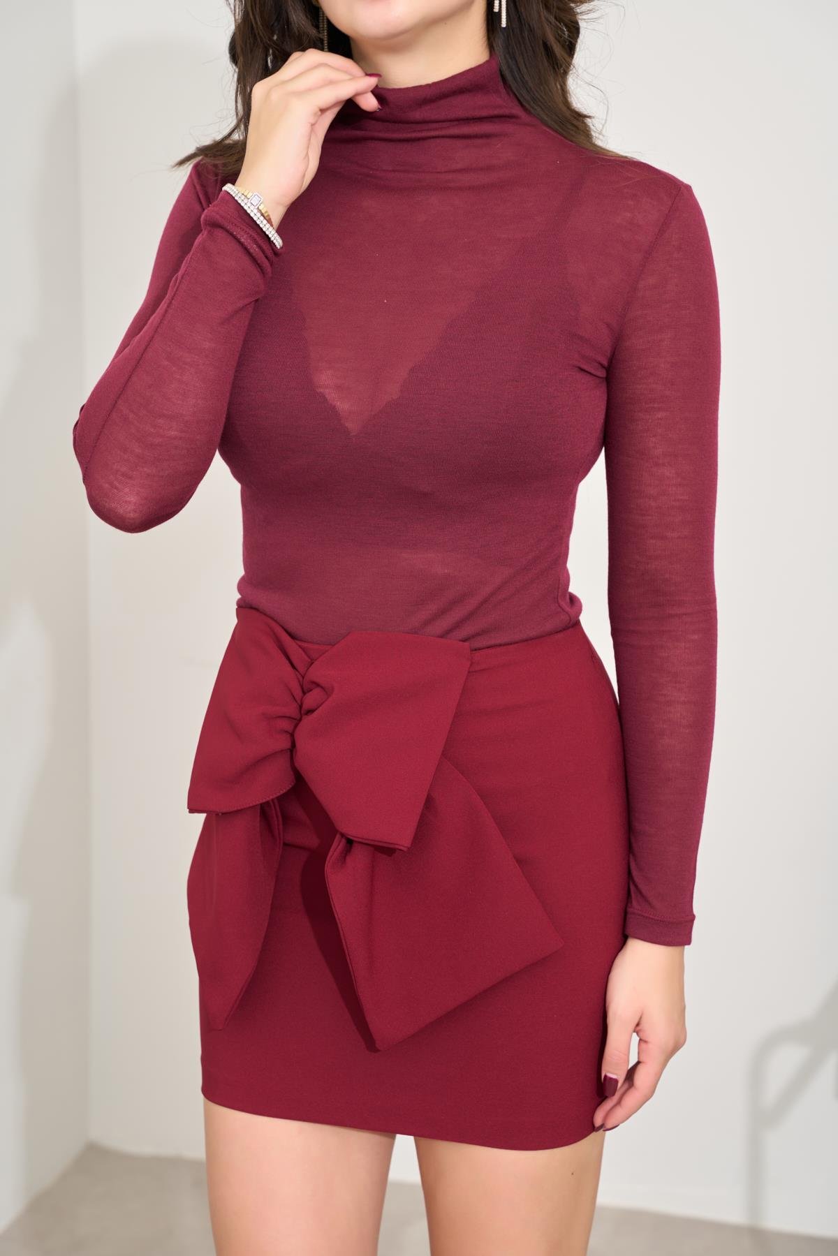 Bordo Fiyonklu Mini Etek