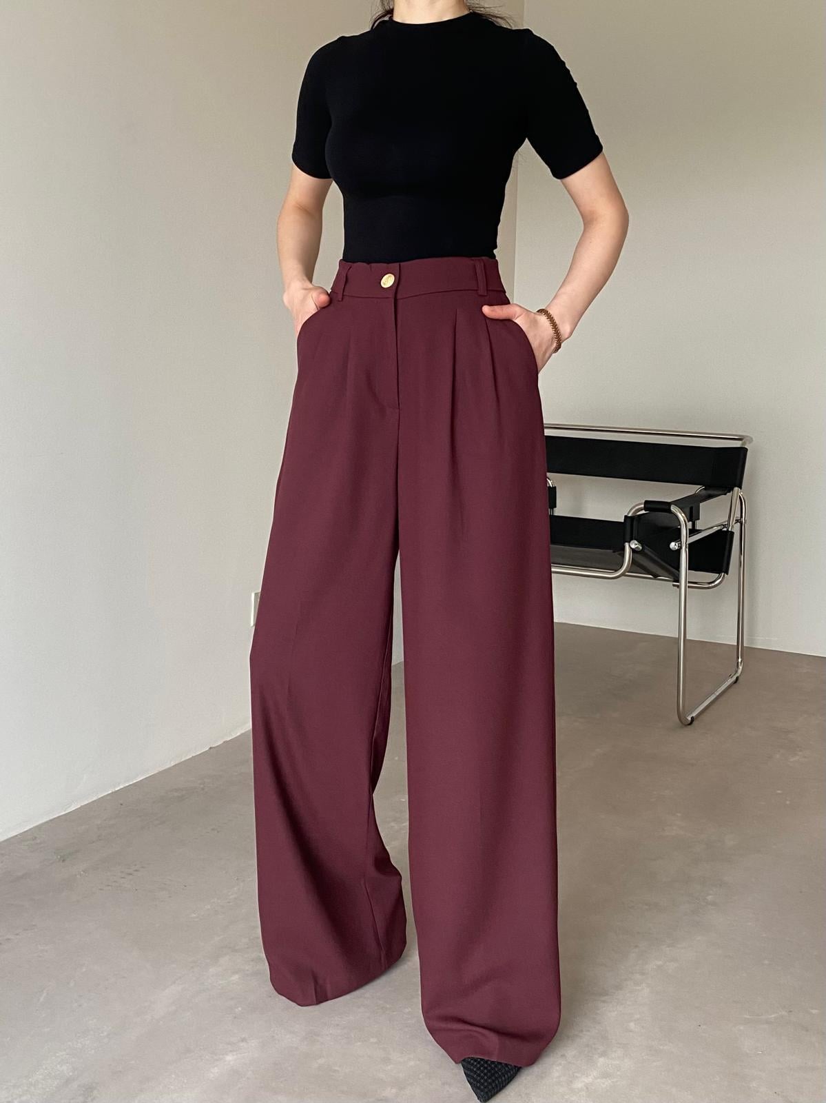 Bordo Gold Düğmeli Cepli Pantolon