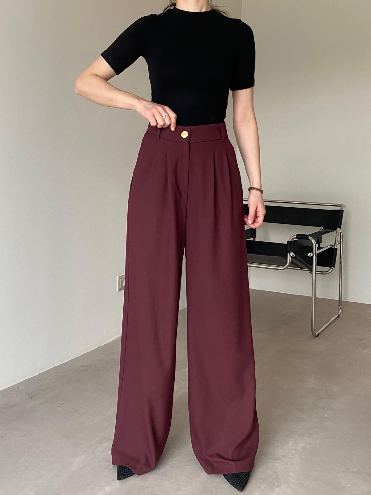 Bordo Gold Düğmeli Cepli Pantolon