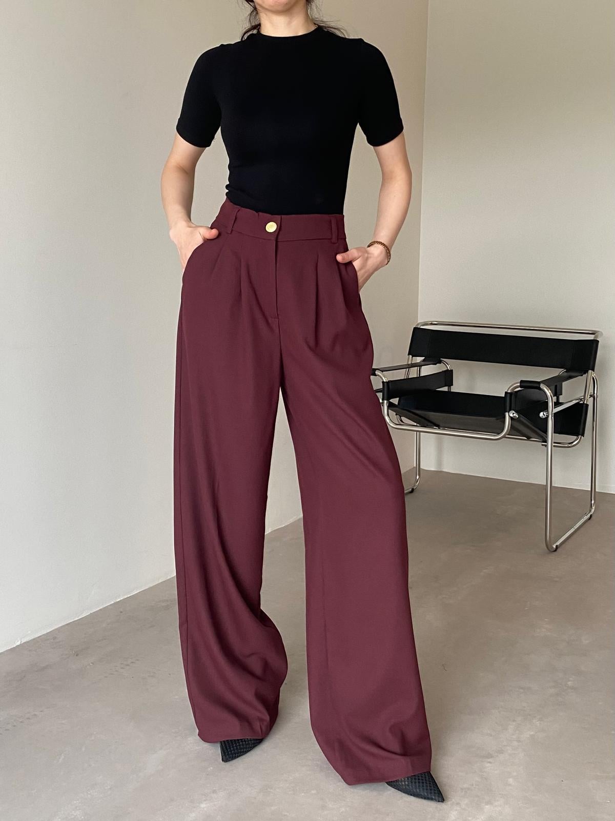 Bordo Gold Düğmeli Cepli Pantolon