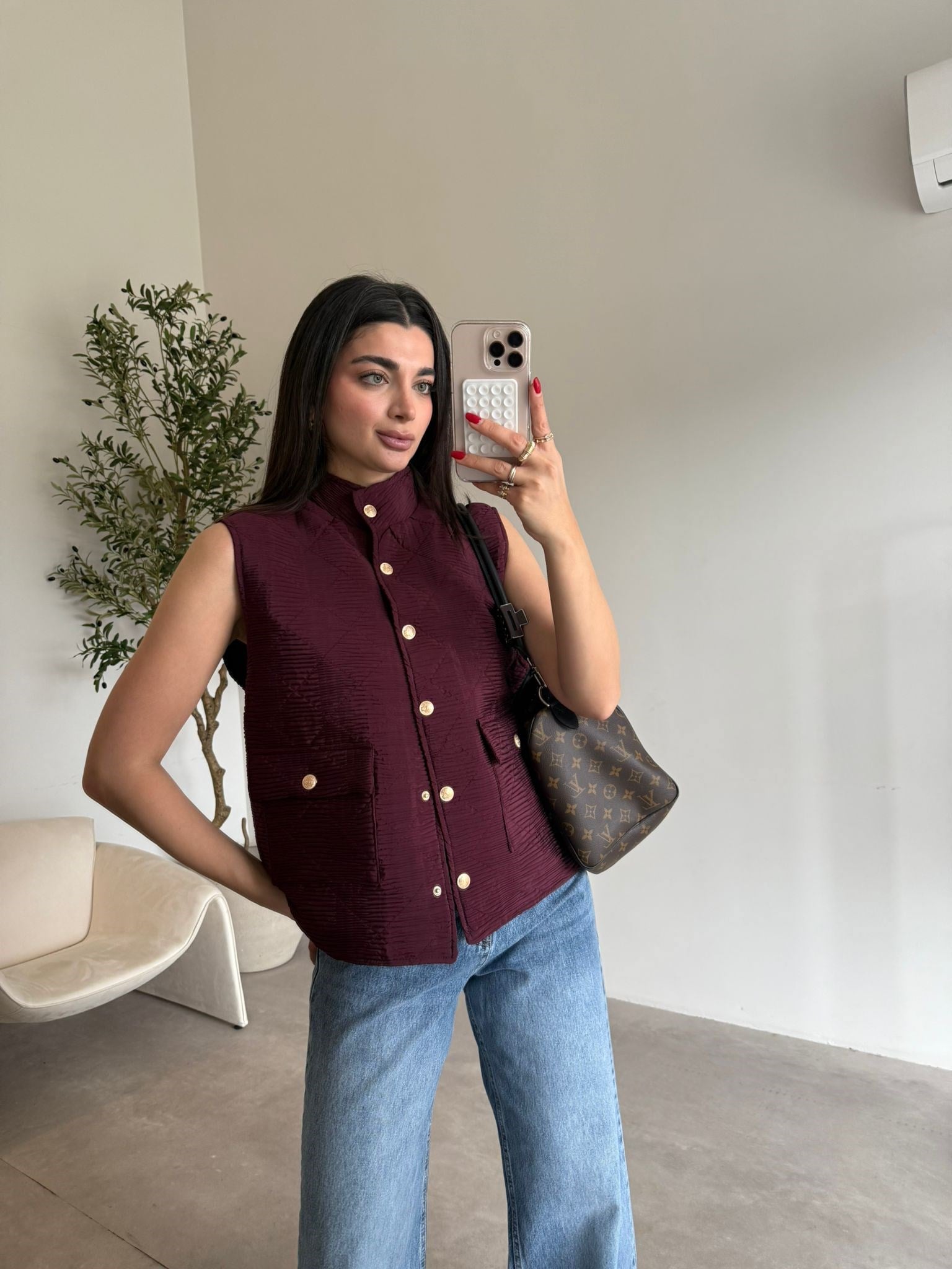 Bordo Gold Düğmeli Kapitone Yelek