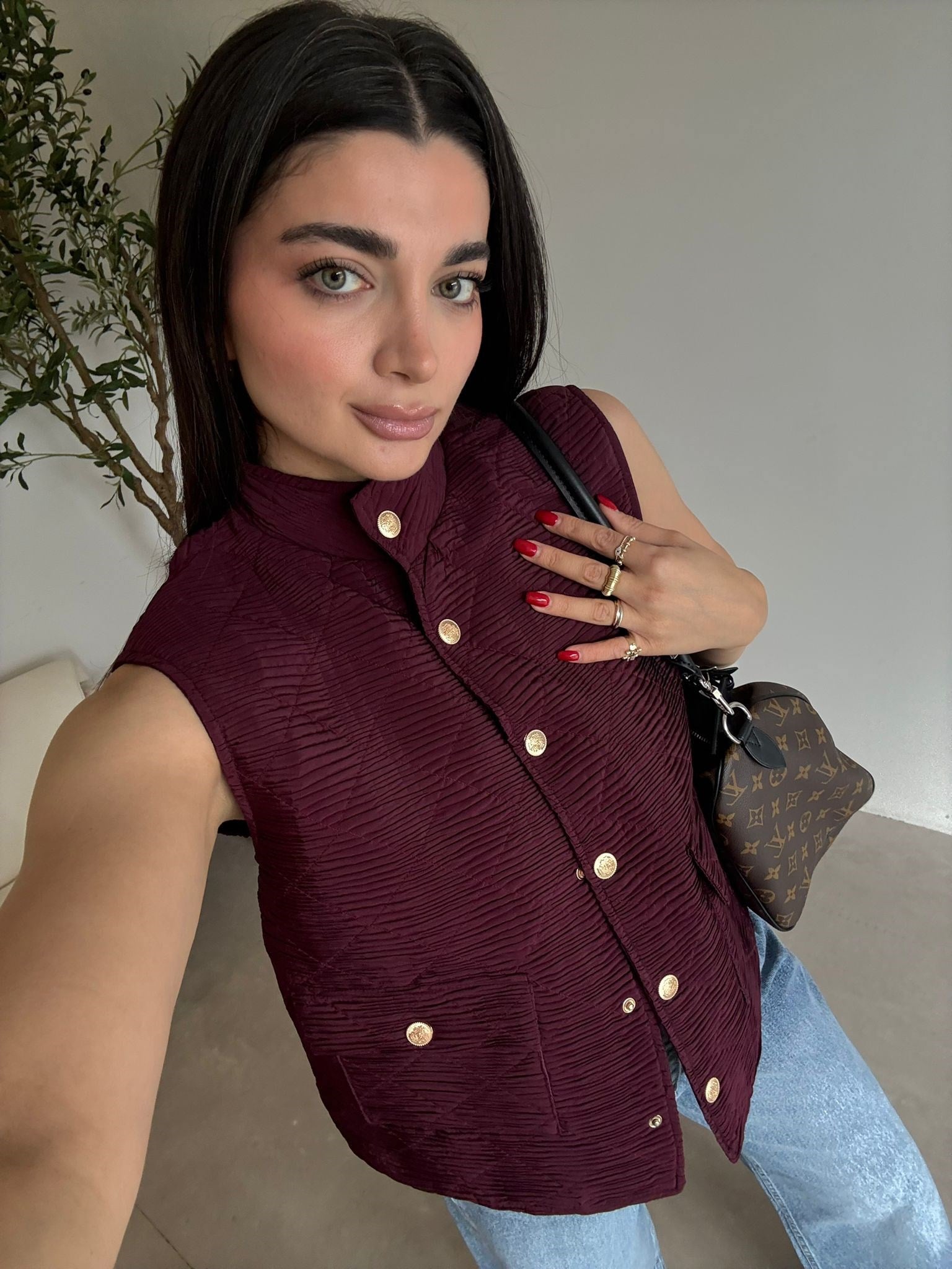 Bordo Gold Düğmeli Kapitone Yelek