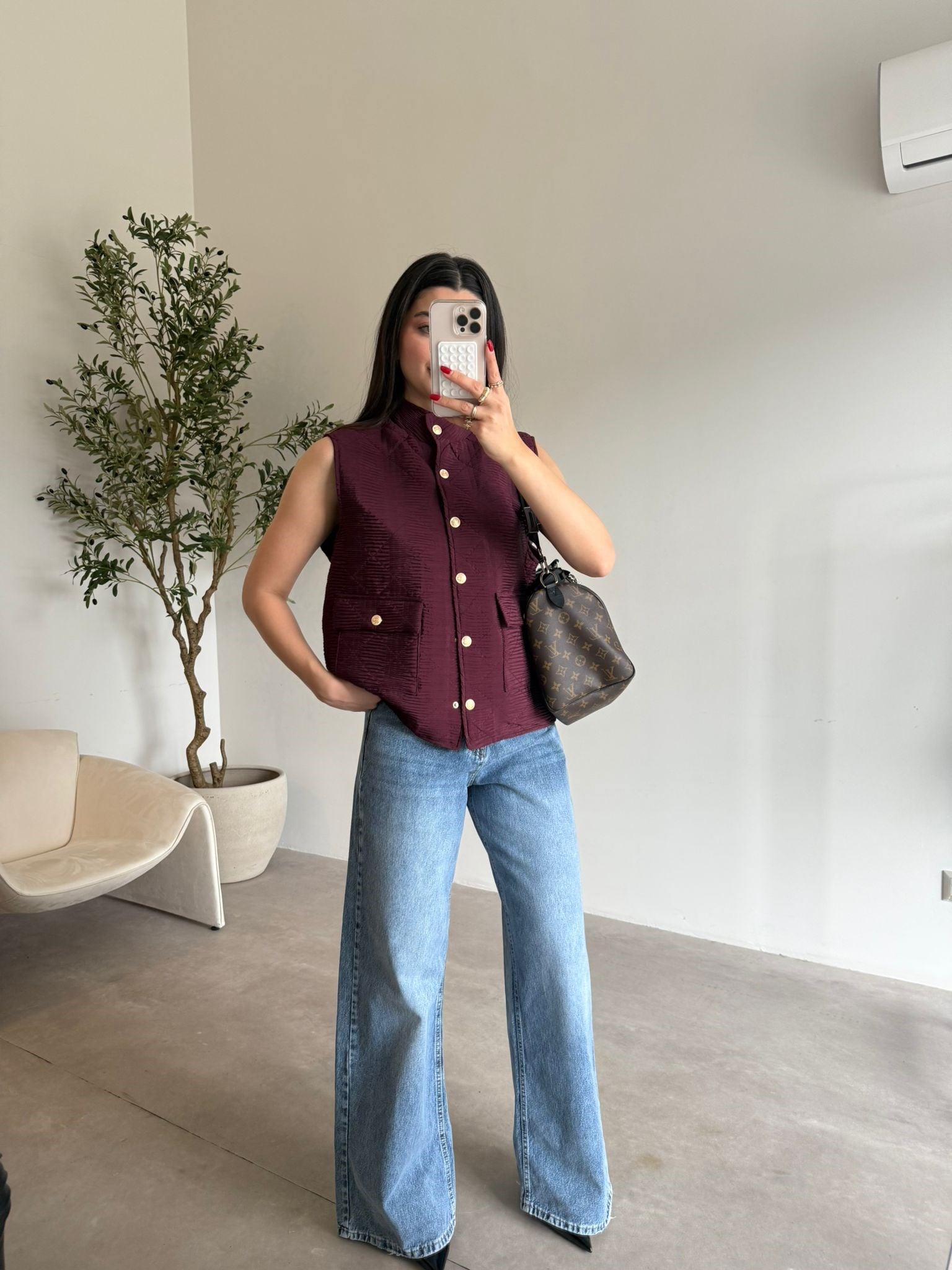 Bordo Gold Düğmeli Kapitone Yelek