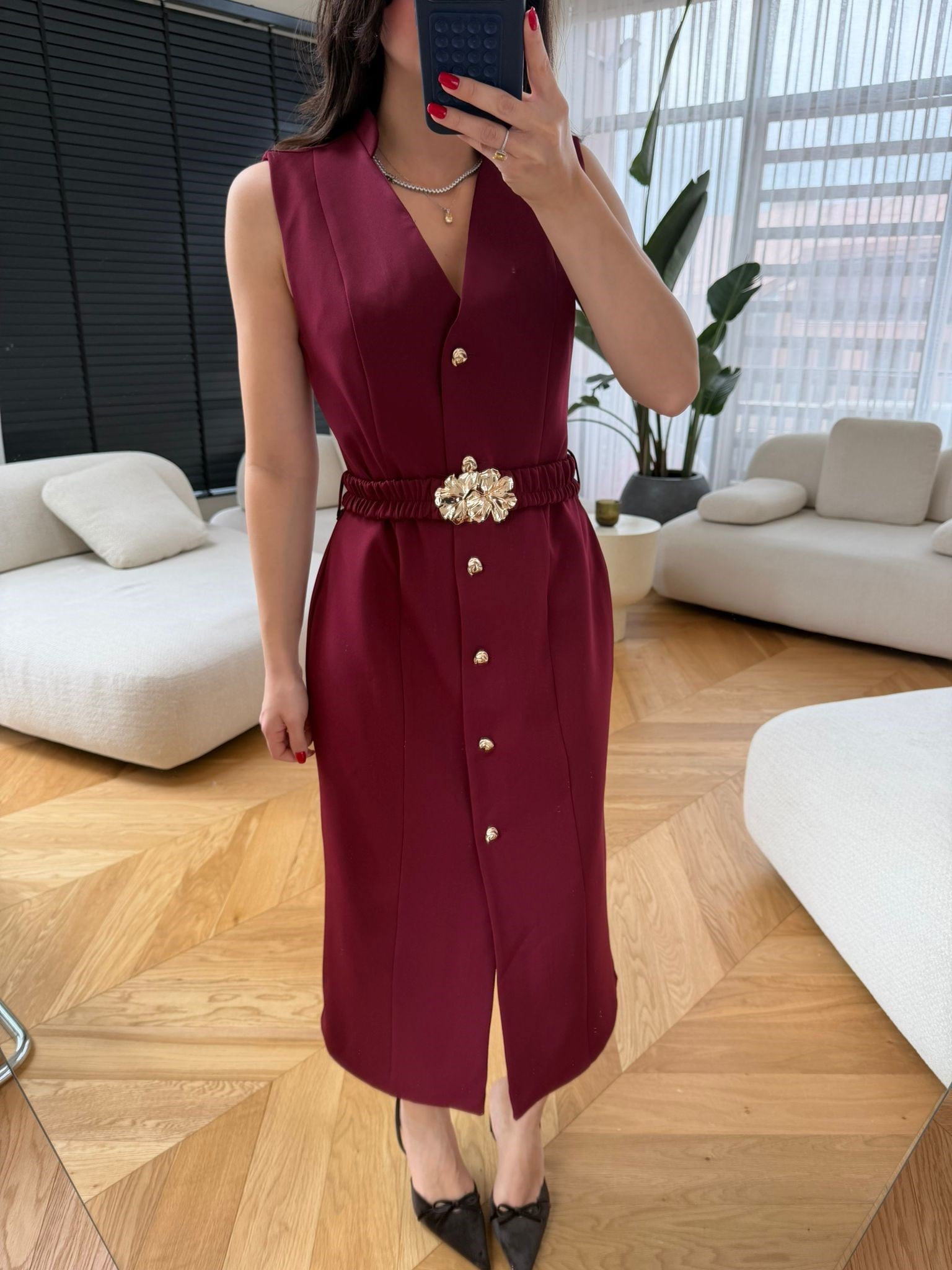 Bordo  Gold Düğmeli Tokalı Ceket Elbise