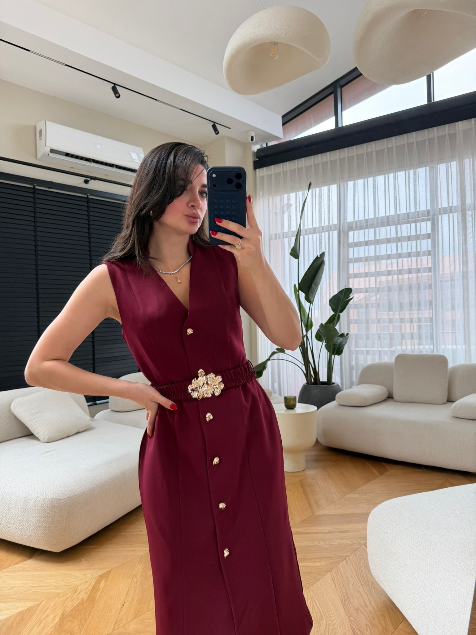 Bordo  Gold Düğmeli Tokalı Ceket Elbise
