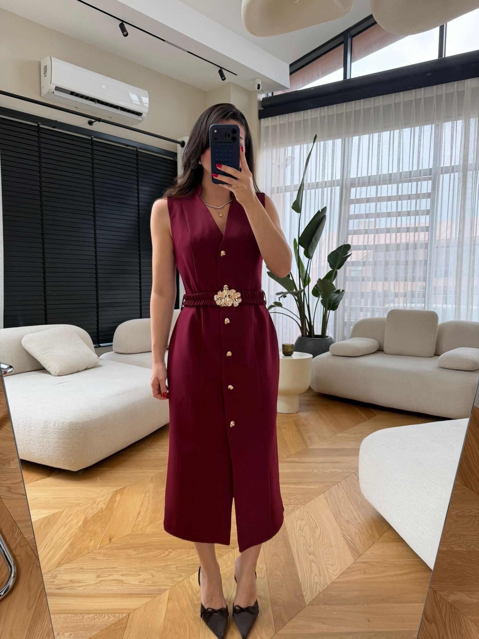Bordo  Gold Düğmeli Tokalı Ceket Elbise