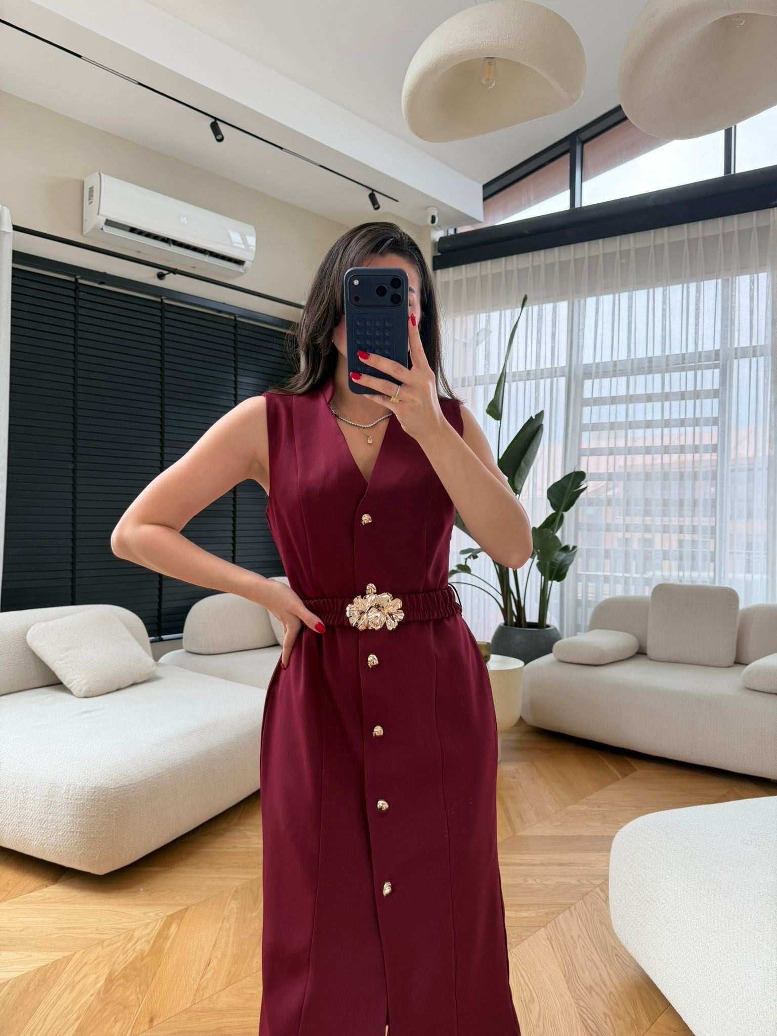 Bordo  Gold Düğmeli Tokalı Ceket Elbise