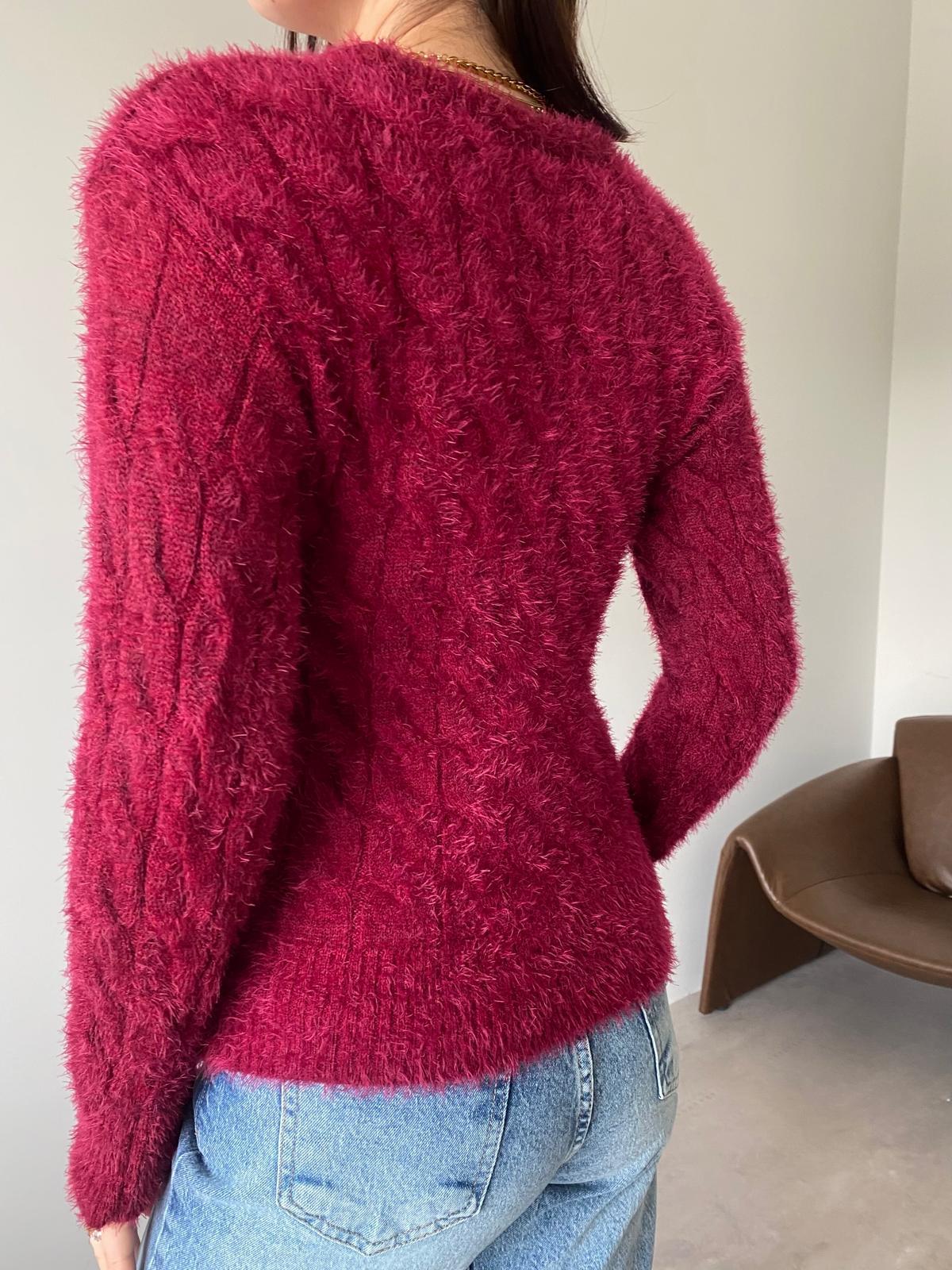 Bordo Kırçıllı Örgü Desen Kazak