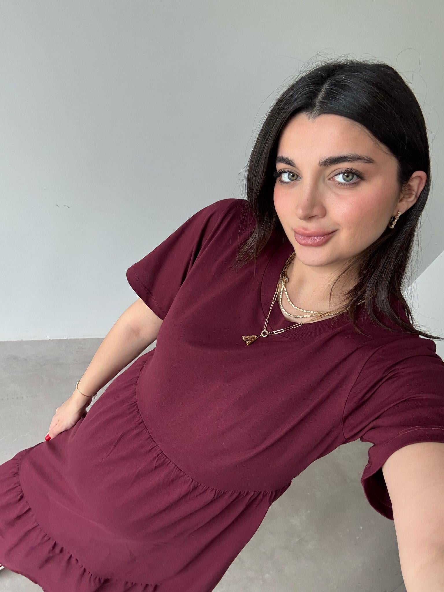 Bordo Kısa Kol Basic Perla Elbise