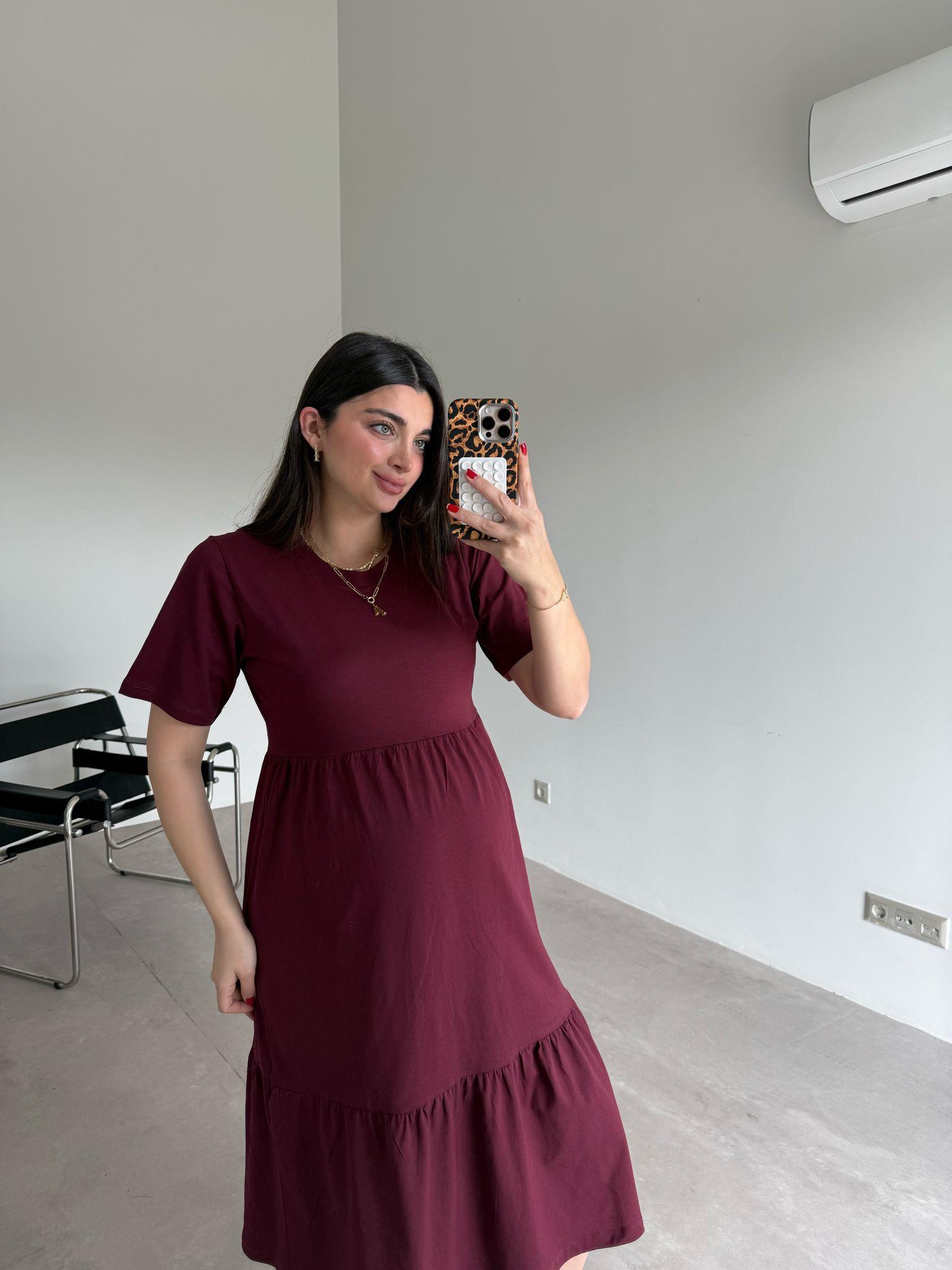 Bordo Kısa Kol Basic Perla Elbise