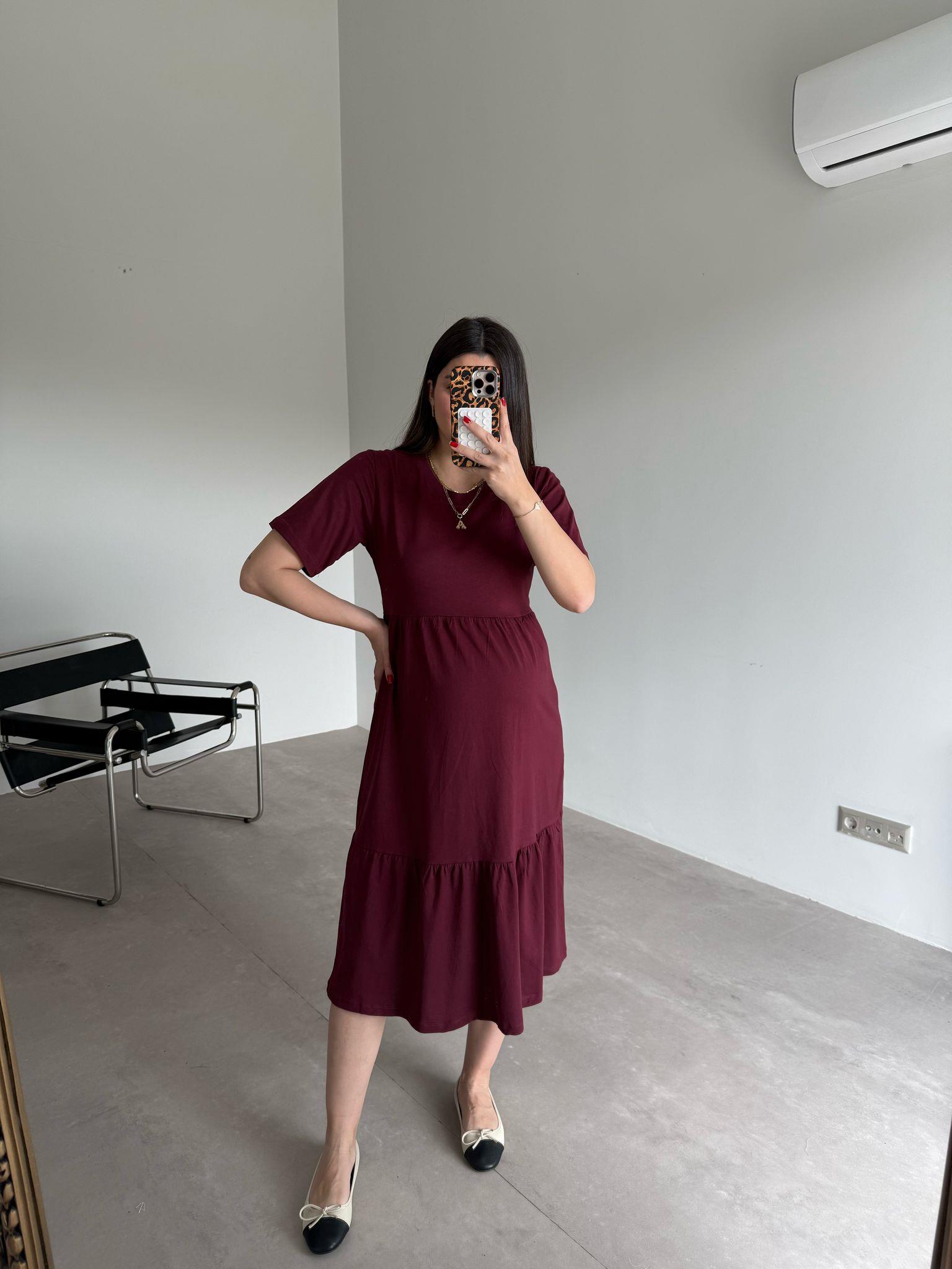 Bordo Kısa Kol Basic Perla Elbise