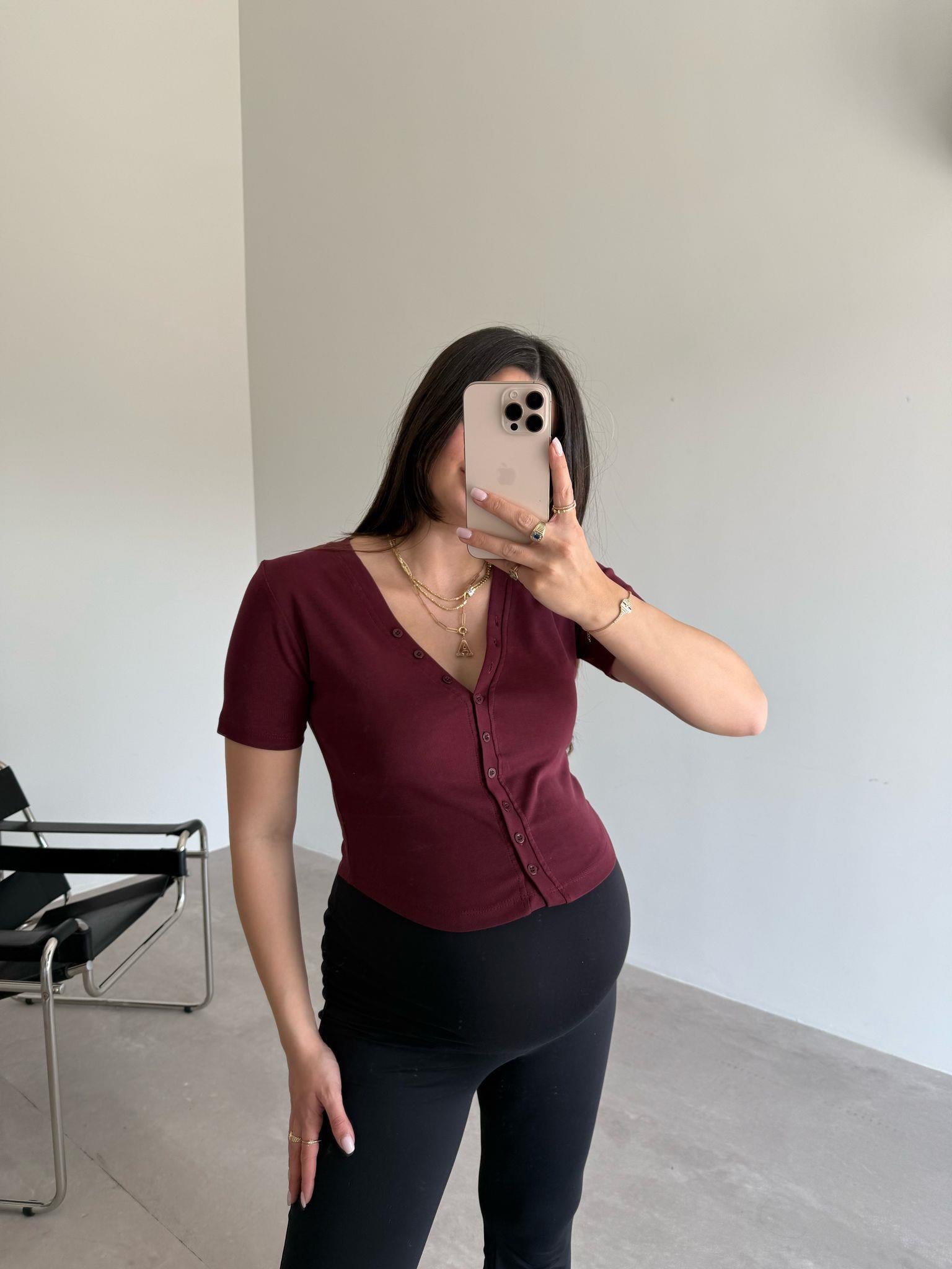 Bordo Kısa Kol Önü Düğmeli Bluz