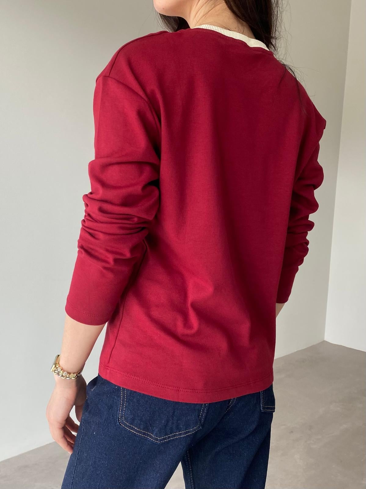 Bordo Krem Yaka Detaylı Basic Bluz