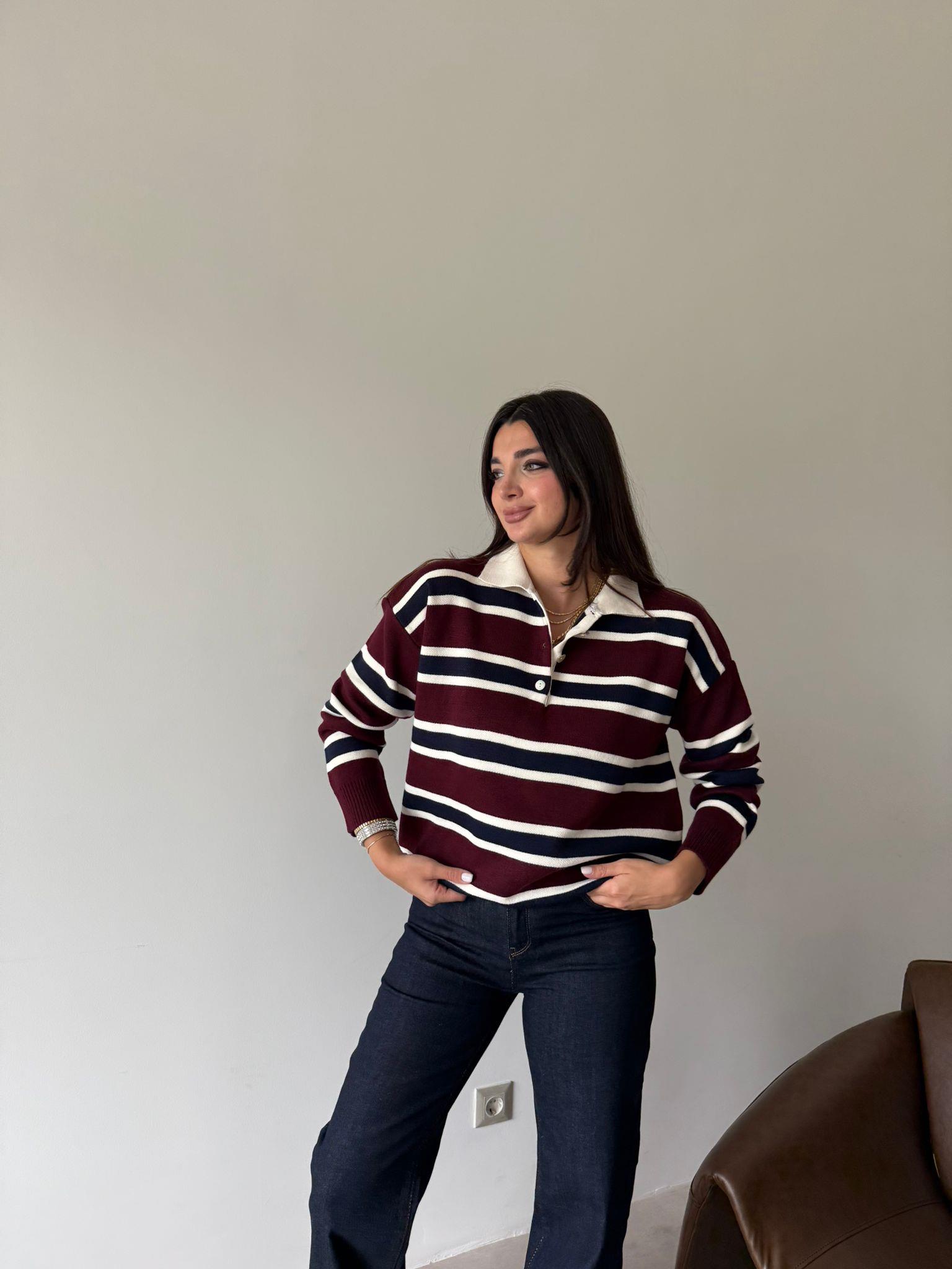 Bordo Lacivert  Çizgili Polo Yaka Triko Kazak