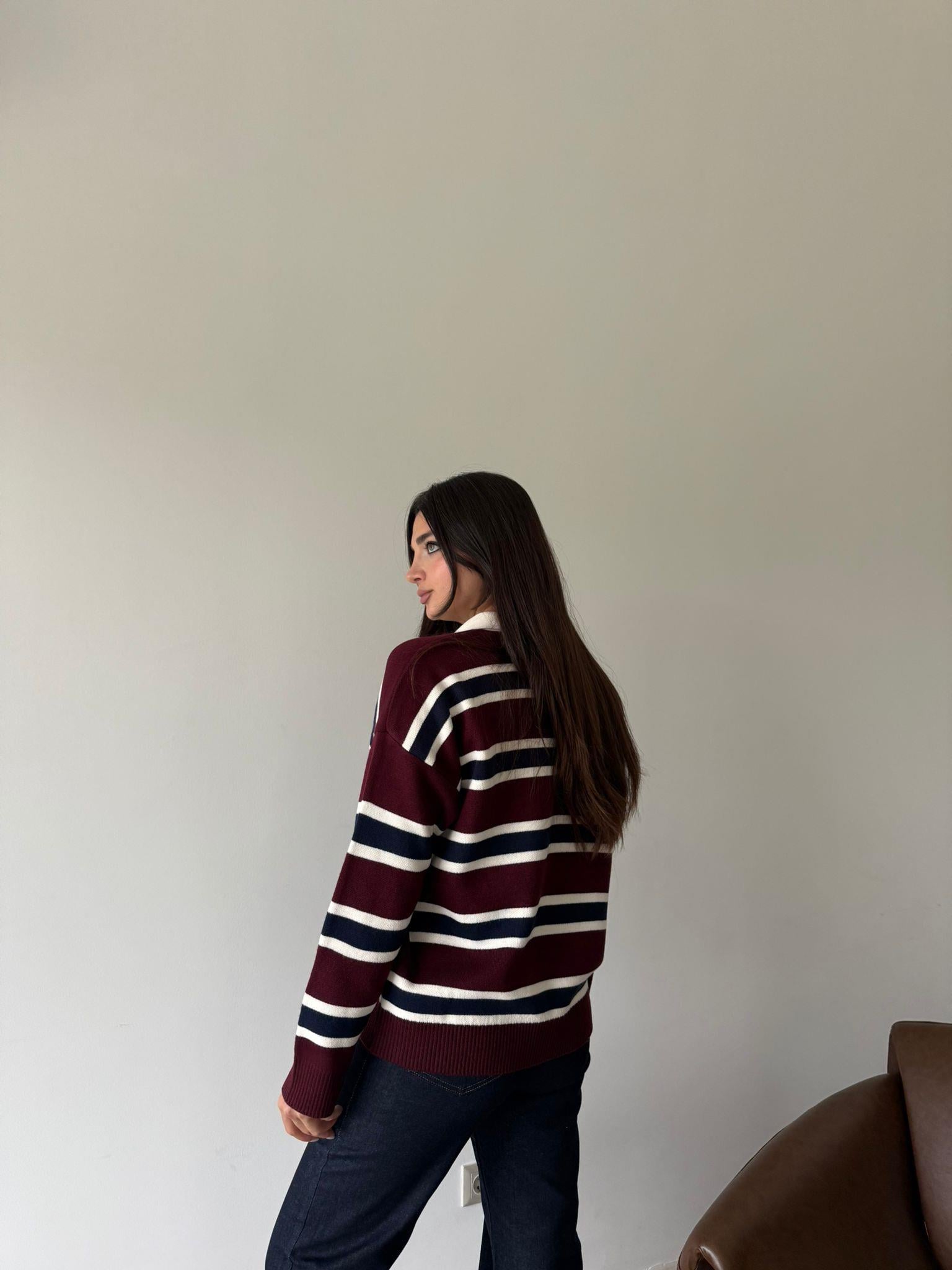 Bordo Lacivert  Çizgili Polo Yaka Triko Kazak