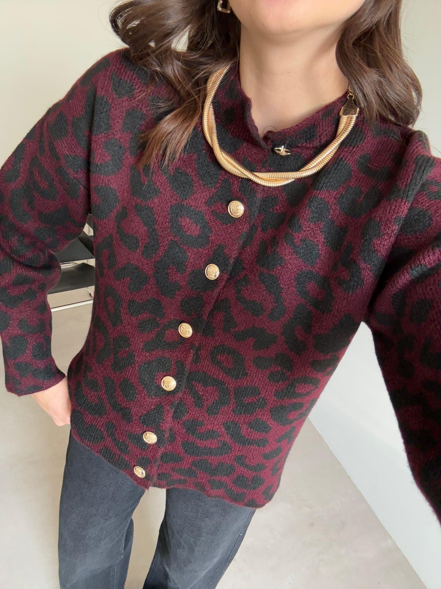 Bordo Leopar Desenli Gold Düğmeli Hırka